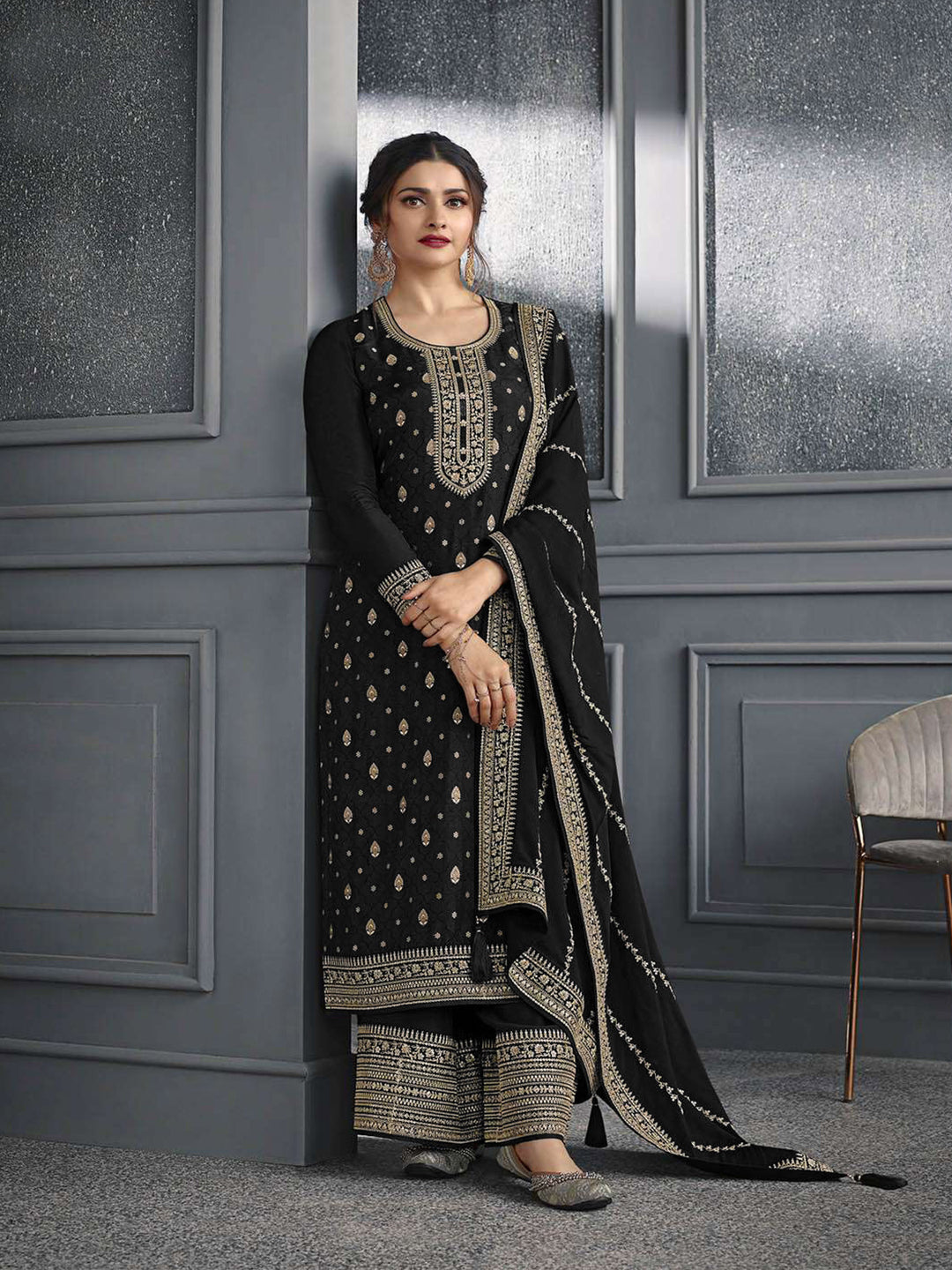 Elegant Black Traditional Designer Semi-Stitched Palazzo Suit with Embroidery & Sequins - Perfect for Weddings, Parties & Festive Occasions