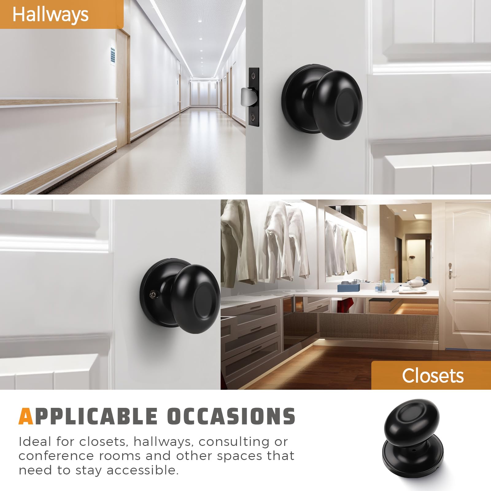 Modern Oval Door Knob Set - 2 Pack Matte Black Passage & Closet Knobs for Hallway, Bedroom & Interior Doors | Classic Style Hardware for Home Improvement & DIY Projects