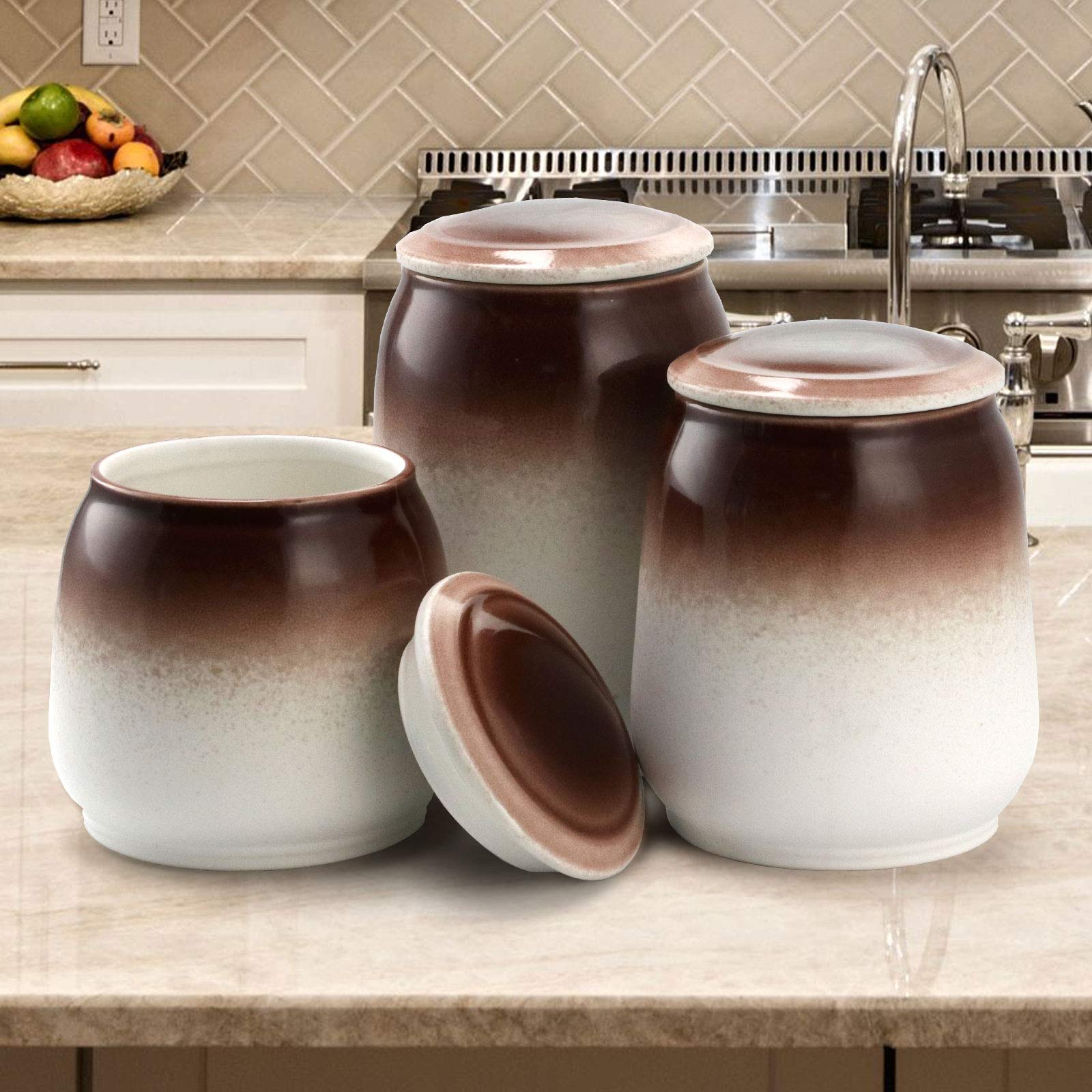 Elama Kitchen Food Storage Canister Set - 3-Piece Airtight Containers for Flour, Sugar, Coffee (Coconut & Cream) | Pantry Organization & Countertop Decor