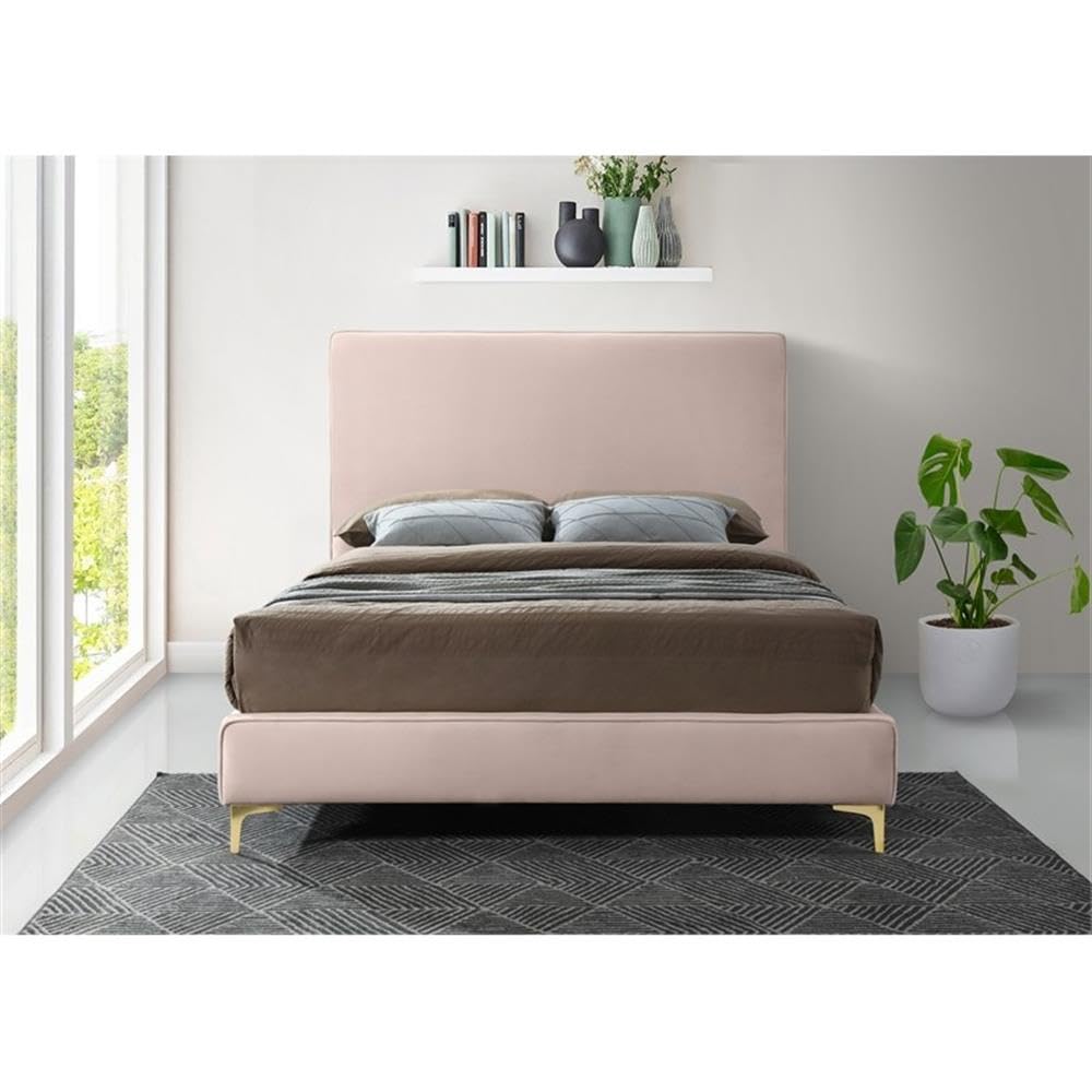 Modern Velvet Upholstered Bed with Gold/Chrome Headboard - Meridian Furniture Geri Collection Full Size Pink Bed for Luxurious Bedroom Decor | Contemporary Bedroom Furniture for Master & Guest Rooms