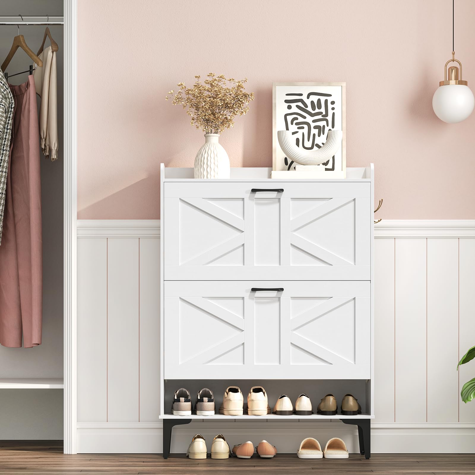 White Shoe Storage Cabinet with 2 Flip Drawers - Hidden & Open Entryway Organizer for Shoes, Boots & Accessories | Freestanding Closet Storage Solution for Hallway, Mudroom or Bedroom (Model SHWT9401)