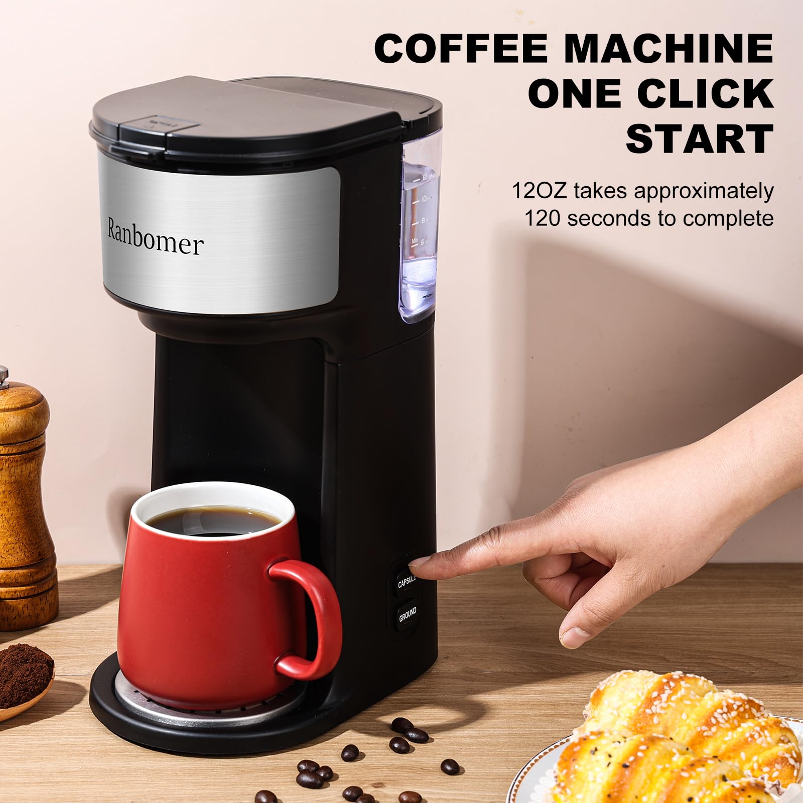 2-in-1 Single Serve Coffee Maker - Compatible with K-Cups & Ground Coffee | 6-14oz Adjustable Brew Size | Compact One Cup Coffee Machine with Self-Cleaning Function | Fits Travel Mugs (Black) | Perfect for Home, Office & Travel Use