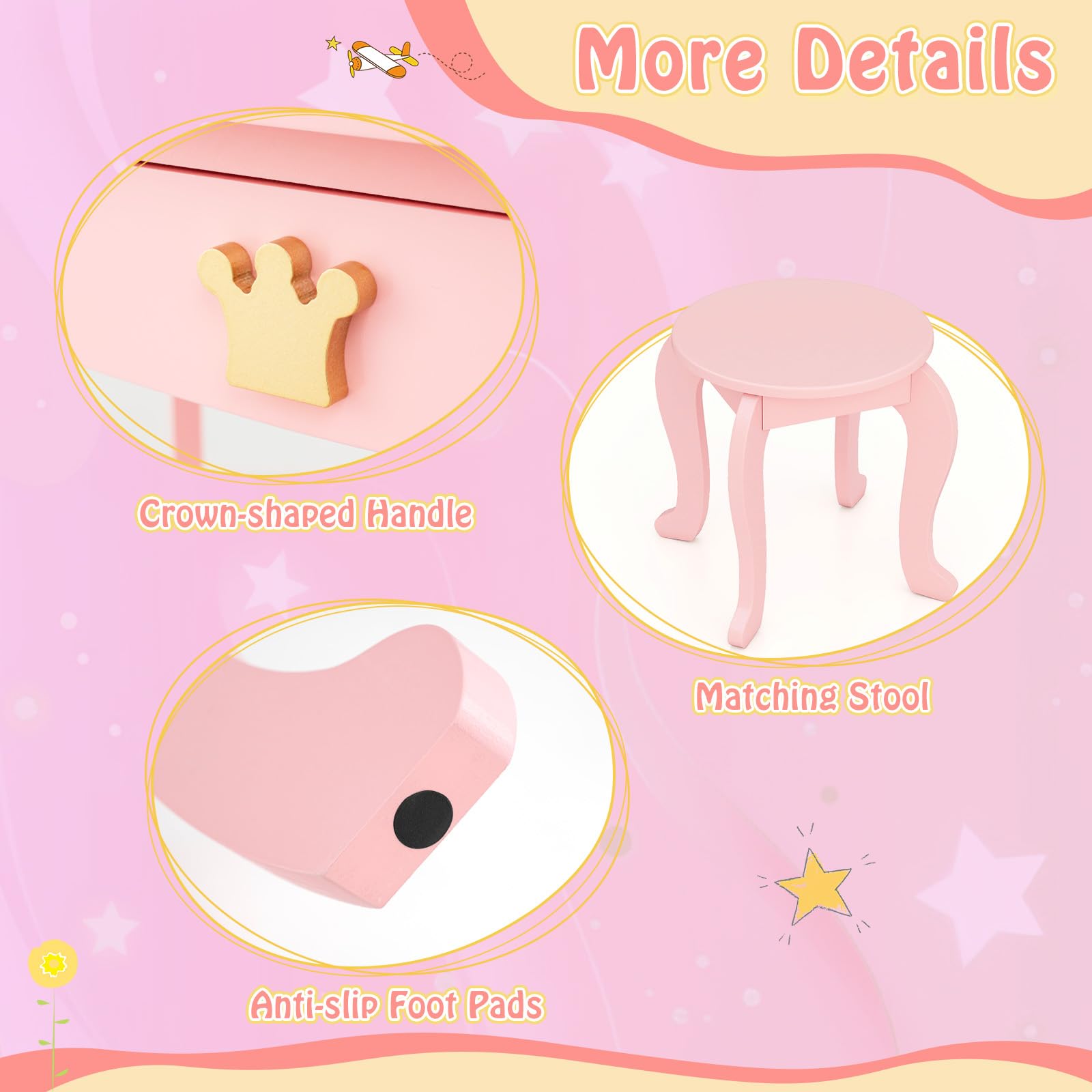 HONEY JOY Pink Kids Vanity Set with Lights - Wooden Makeup Table with Mirror & Stool for Little Girls, Toddler Princess Vanity for Pretend Play - Perfect Birthday Gift for Bedroom & Playroom Decor