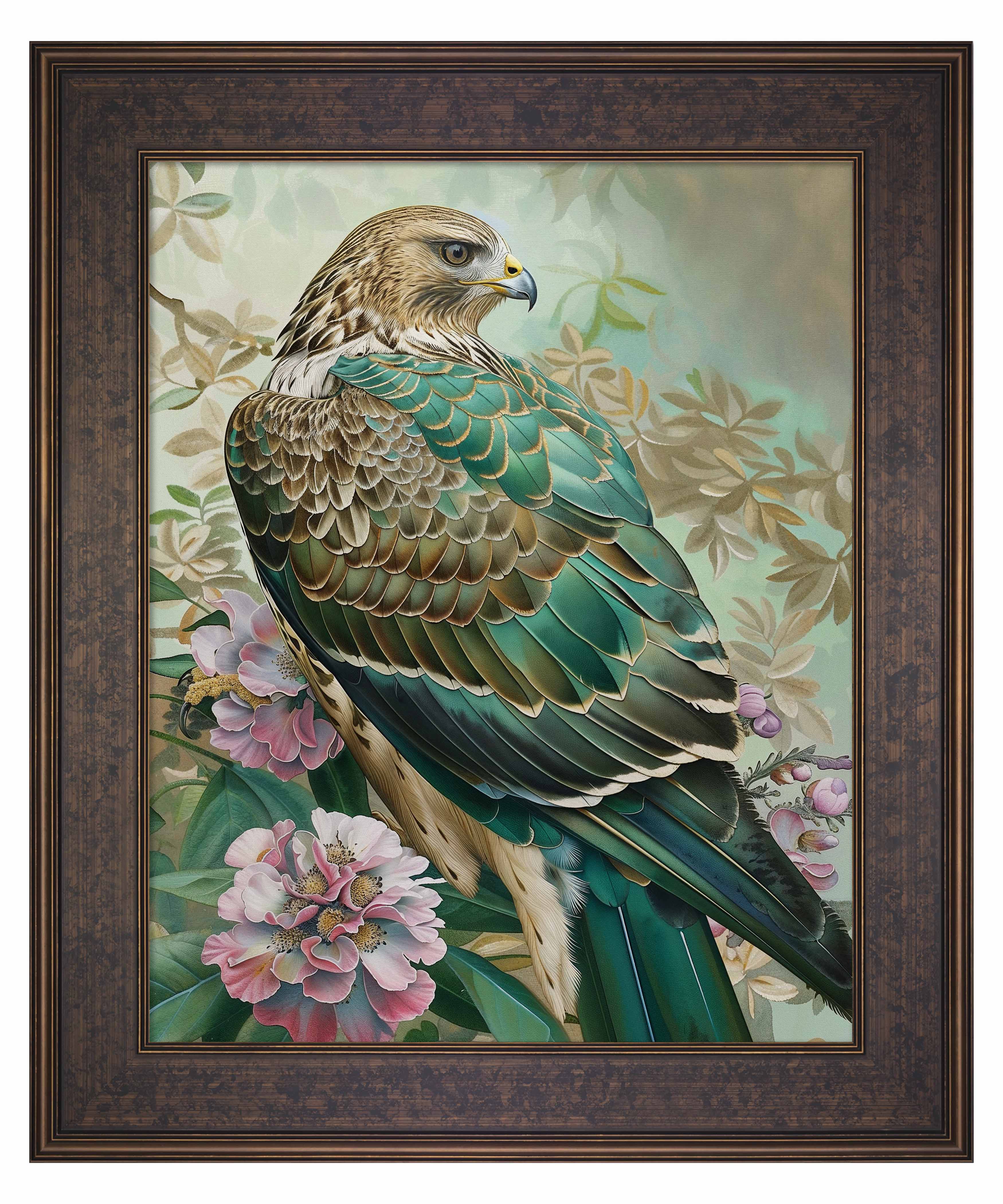 Emerald Majesty Hawk Amidst Blossoms Limited Edition Canvas Wall Art - Nature Inspired Home Decor for Living Room, Bedroom & Office