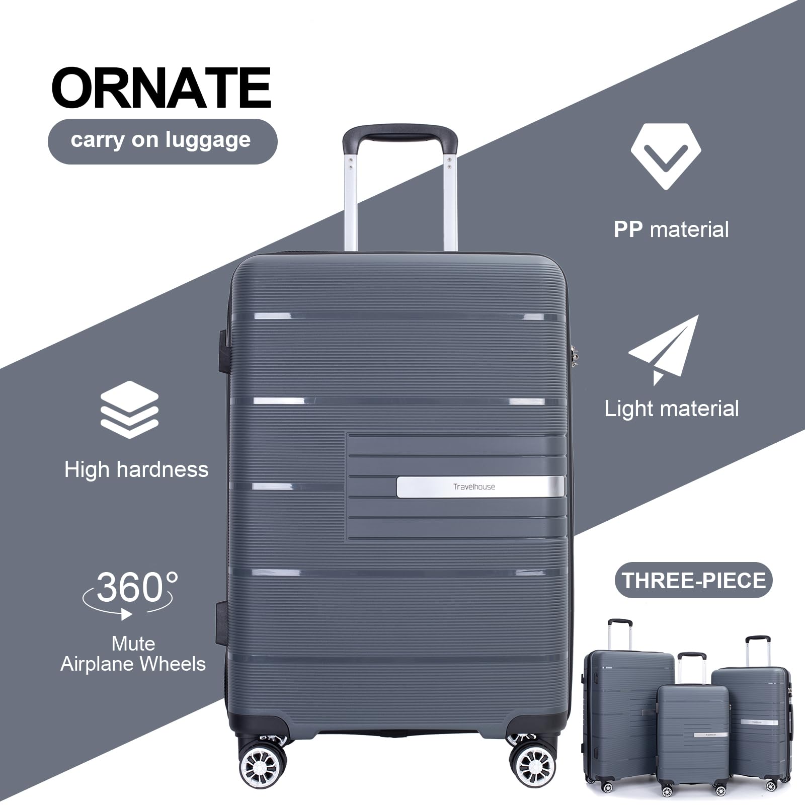 3-Piece Lightweight Hardside Luggage Set with Double Spinner Wheels & TSA Lock (20/24/28 Inch) - Gray - Perfect for Air Travel, Business Trips & Family Vacations