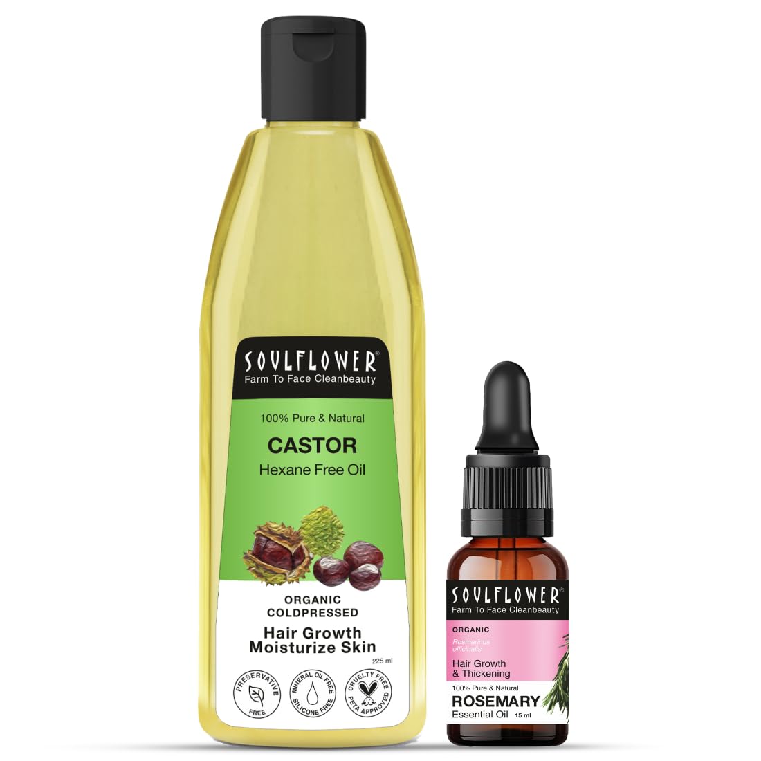 Organic Rosemary & Castor Oil for Hair Growth & Skin Care - 100% Pure Natural Ecocert Certified Essential Oil (2 Pack, 240ml) - Promotes Thicker Hair & Hydrates Dry Skin for Men & Women