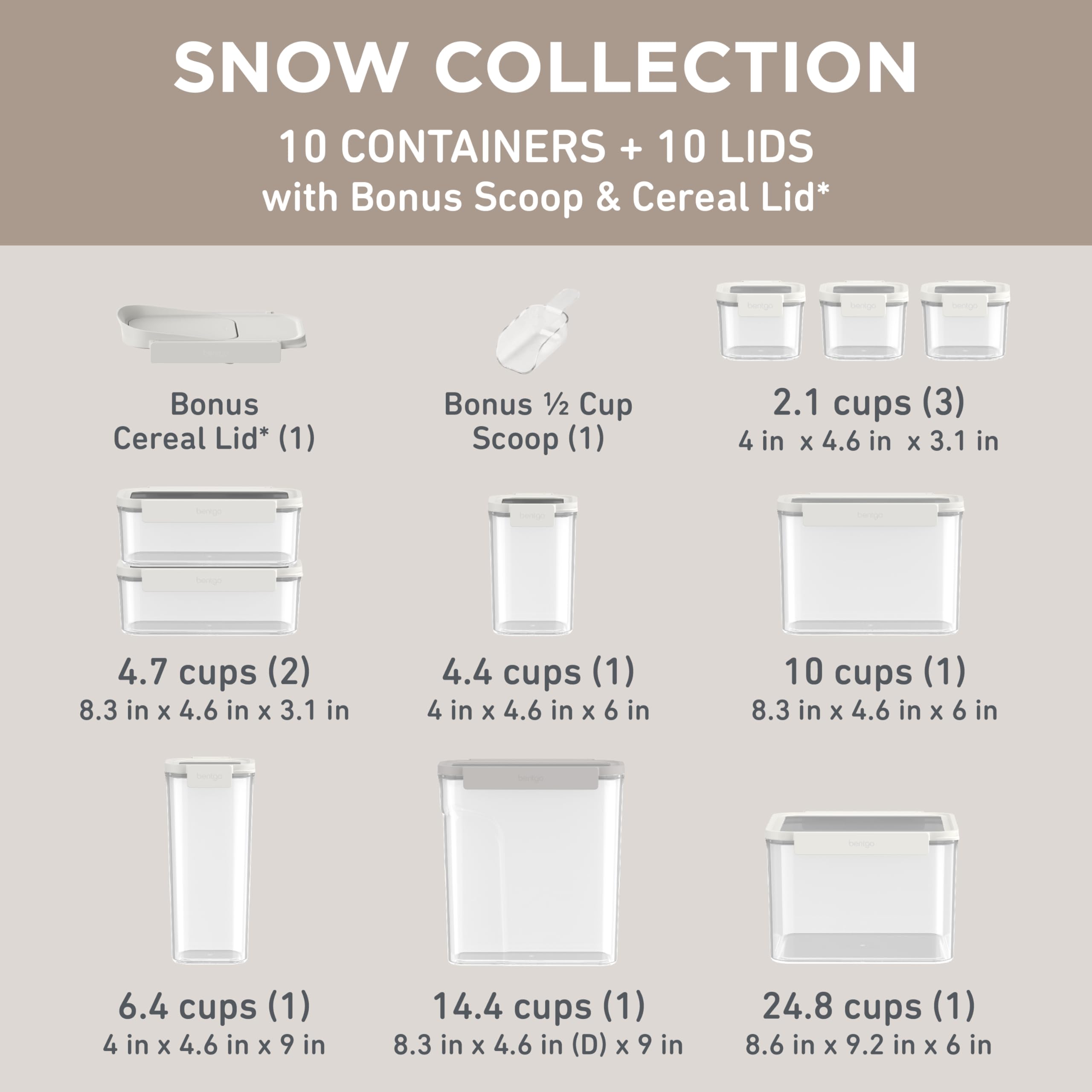 Bentgo Pantry - 22-Piece Airtight Food Storage Containers Set, Clear Stackable Kitchen & Pantry Organization with Locking Lids for Freshness, Includes Bonus Cereal Lid & Scoop, BPA-Free Plastic (Snow) | Perfect for Meal Prep, Snack Storage & Pantry Organization