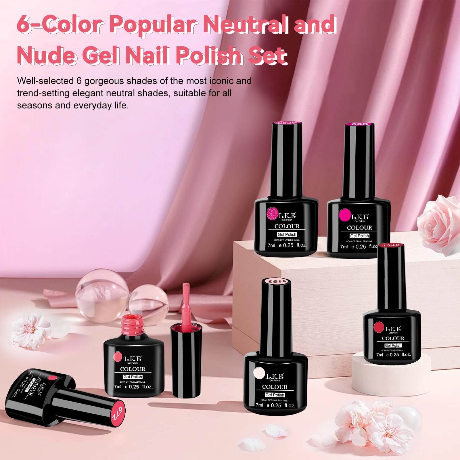 LKE Gel Nail Polish Set - 6 Spring Pastel Colors (Hot Pink, Milky White) | Soak Off UV/LED Gel Polish Kit for DIY & Salon | All Seasons Nail Art Design | Perfect for Home Manicures, Bridal Parties & Gift Giving