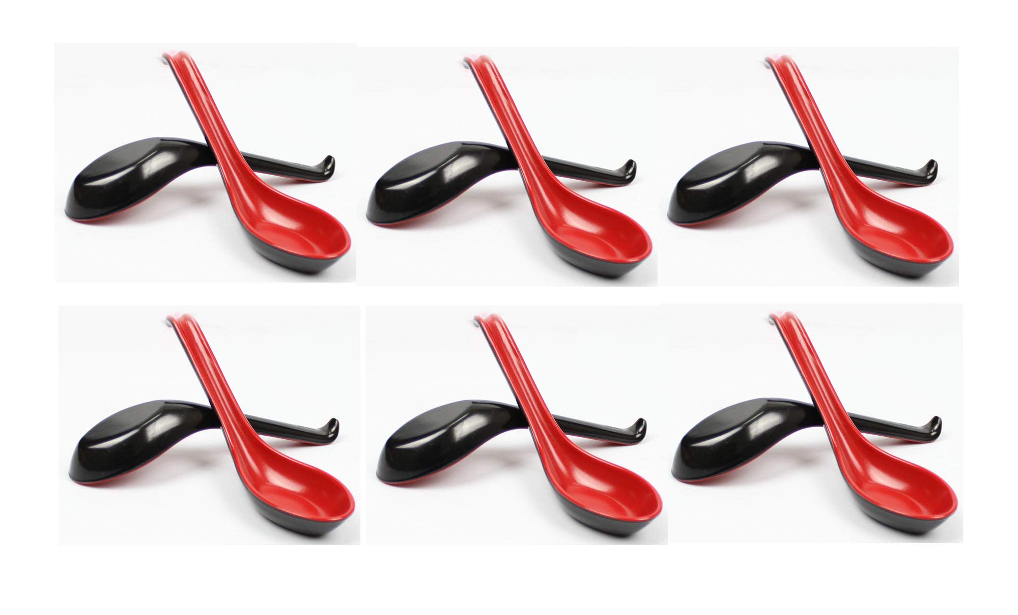 Premium 12-Pack Japanese Style Soup Spoons - 6.5 Inch Chinese Wonton Pho Ramen Dining Spoons with Hook (Black & Red) - Perfect for Asian Noodles, Soups, Rice Bowls & Home Restaurants