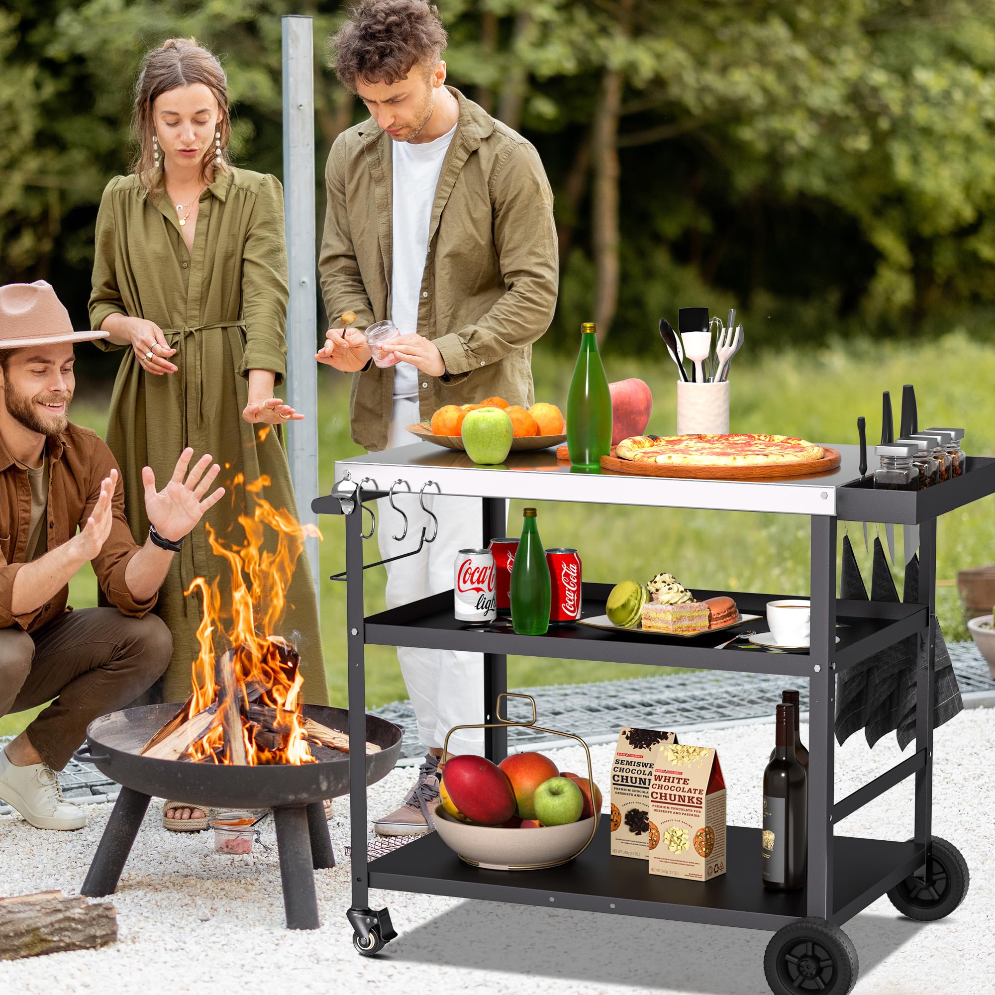 Spurgehom Outdoor Grill Cart with Wheels - Portable BBQ Cooking Prep Table with Pizza Oven Stand & Mesh Racks - Perfect for Patio Dining, Home Parties, Camping & Backyard Gatherings