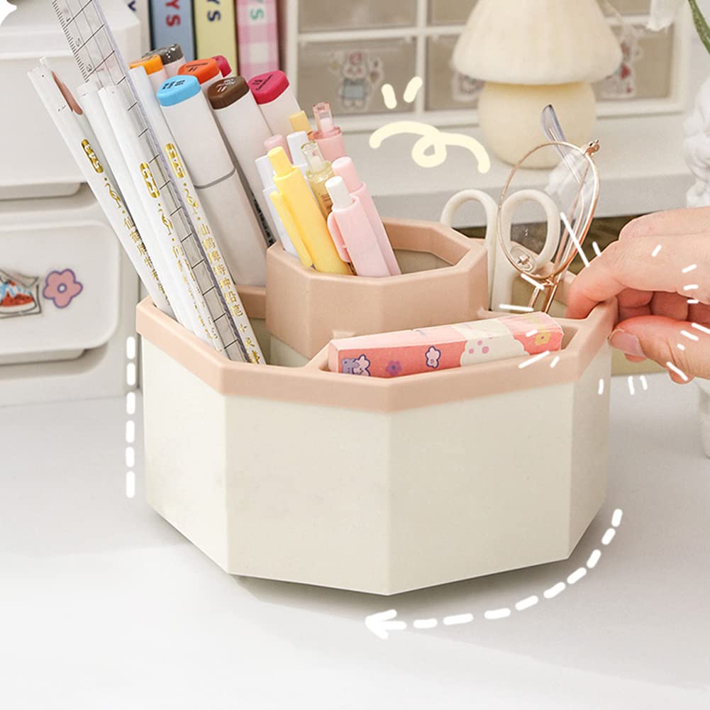 360° Rotating Desk Organizer with 5 Compartments - Multi-Functional Pen Holder & Art Supply Storage Box for Home Office, School, Craft Room (White & Pink) - Perfect for Organizing Stationery, Makeup Brushes, and Office Supplies