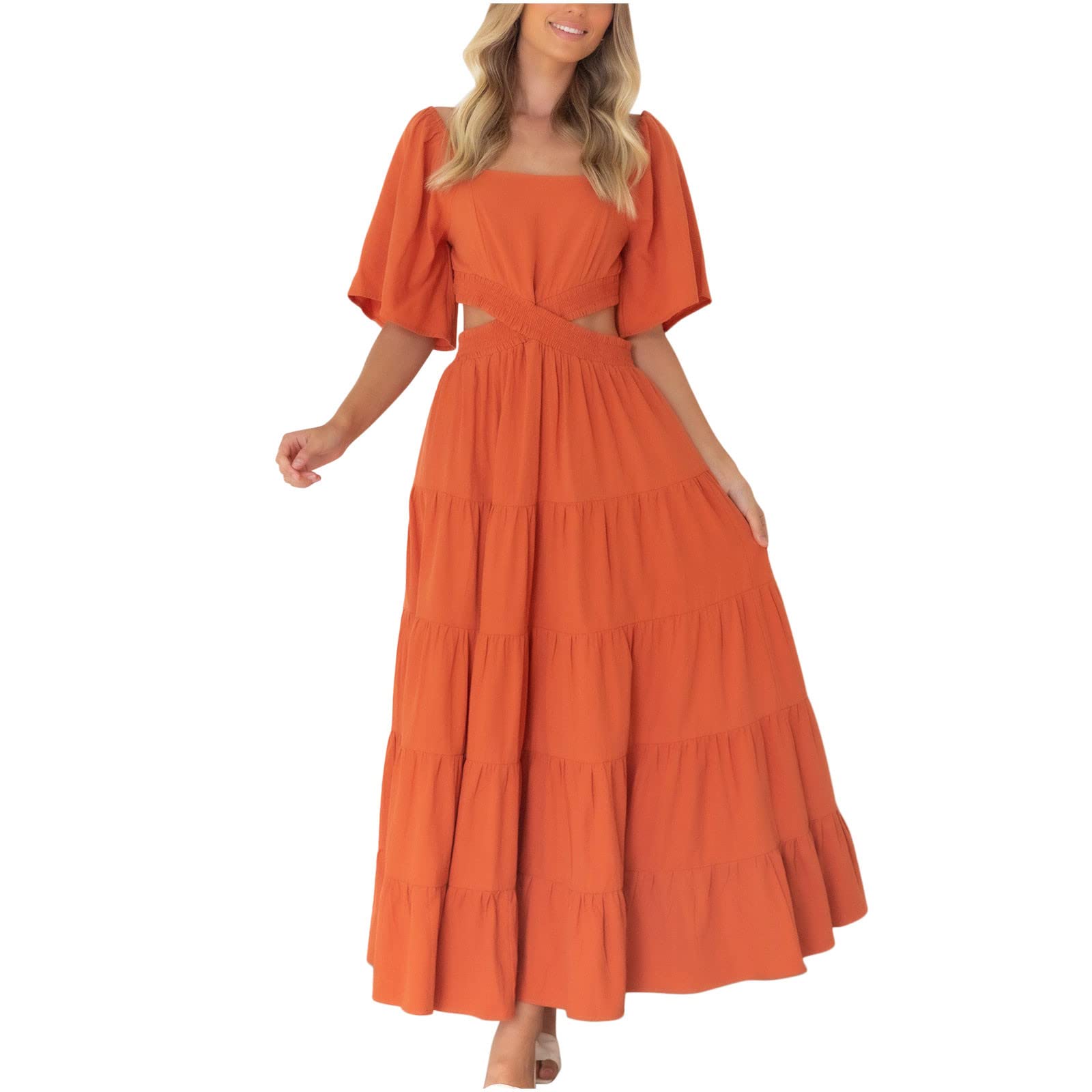 Women's Square Neck Cut Out Waist Elastic Maxi Dress - Backless Drawstring Tie Back Puff Sleeve Vintage Party Dress for Summer Beach Wedding & Evening Events