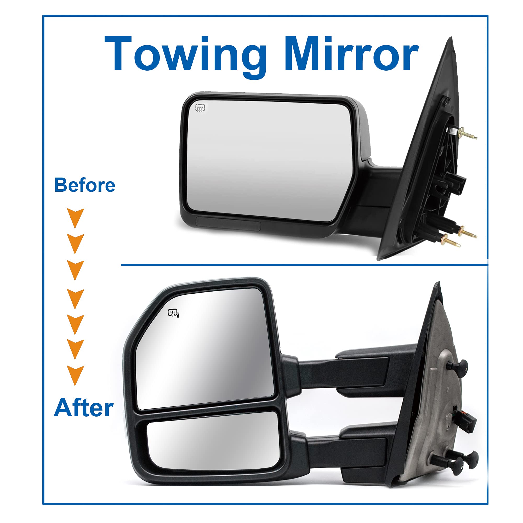 Upgraded Power Heated Towing Mirrors with LED Turn Signal & Puddle Lamp - Manual Folding Chrome Cap - Compatible with 2004-2014 Ford F150 Pickup Truck - Perfect for Enhanced Visibility & Safety While Towing or Night Driving