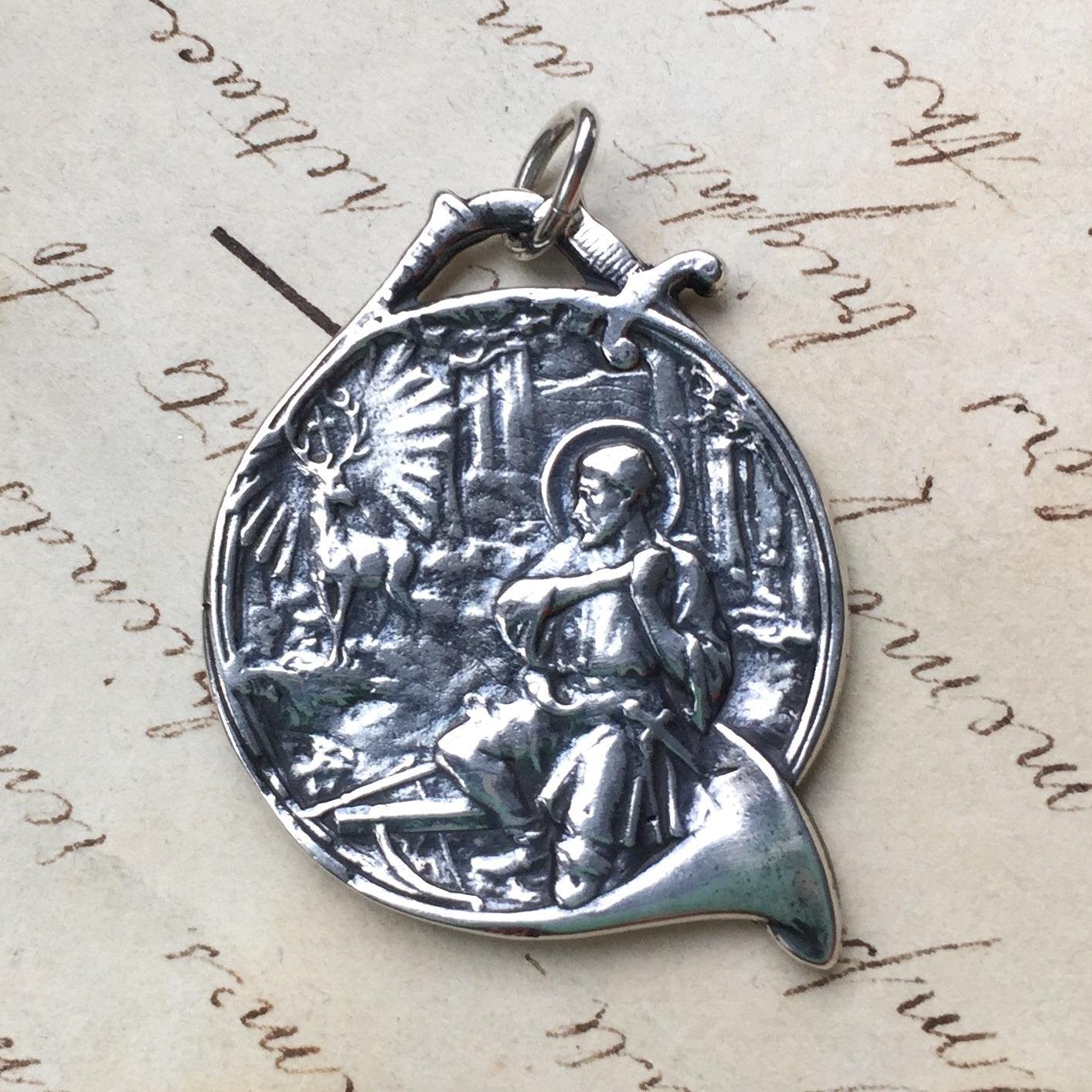 Large St. Hubert Medal - Patron Saint of Hunters - Antique Silver Reproduction for Outdoor Enthusiasts & Collectors | Perfect for Hunting Gear, Gifts & Religious Jewelry
