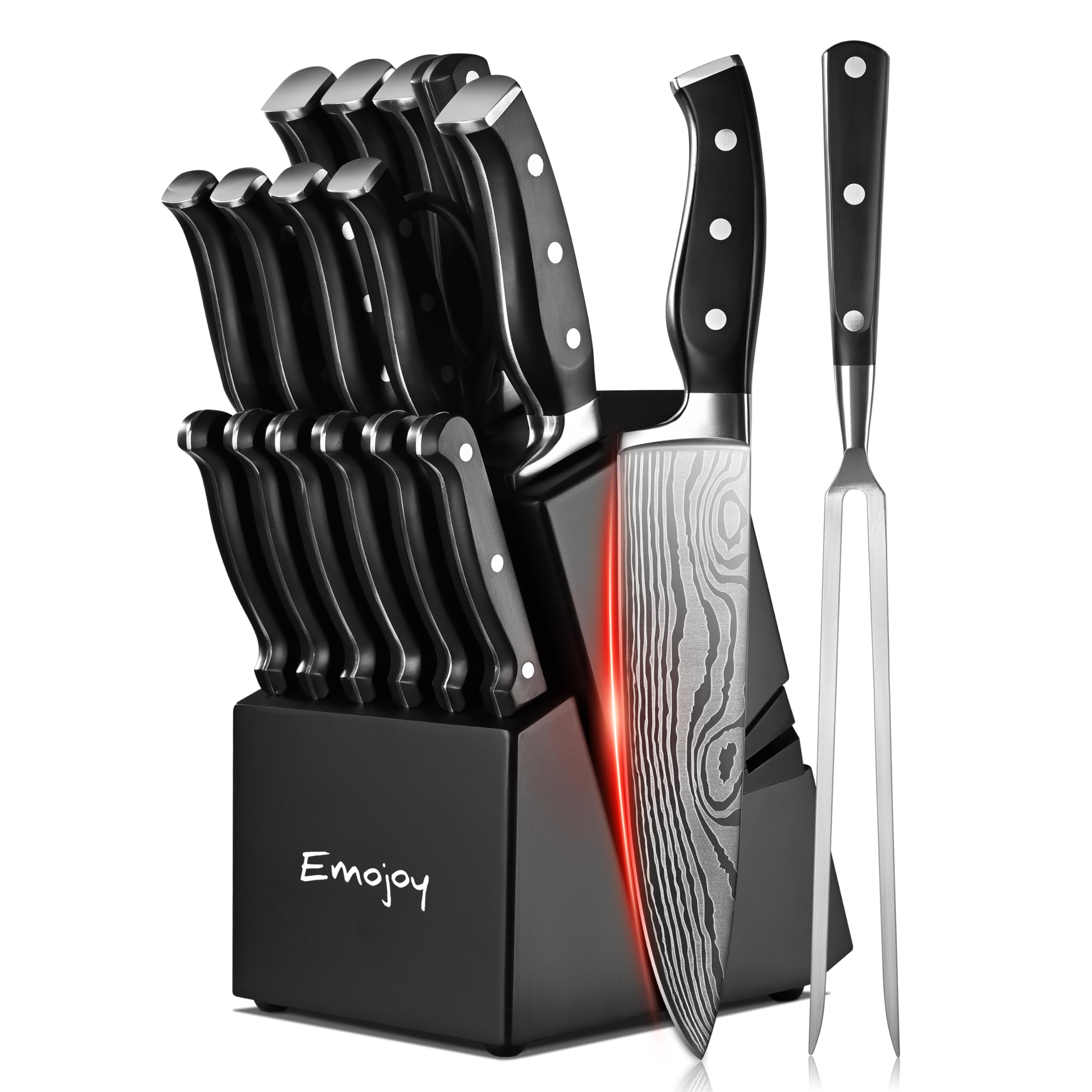Emojoy 18-Piece Stainless Steel Knife Set with Block - Kitchen Knives with Built-in Sharpener, Shears & Carving Fork - Black | Perfect for Home Chefs, Cooking Enthusiasts & Professional Kitchens