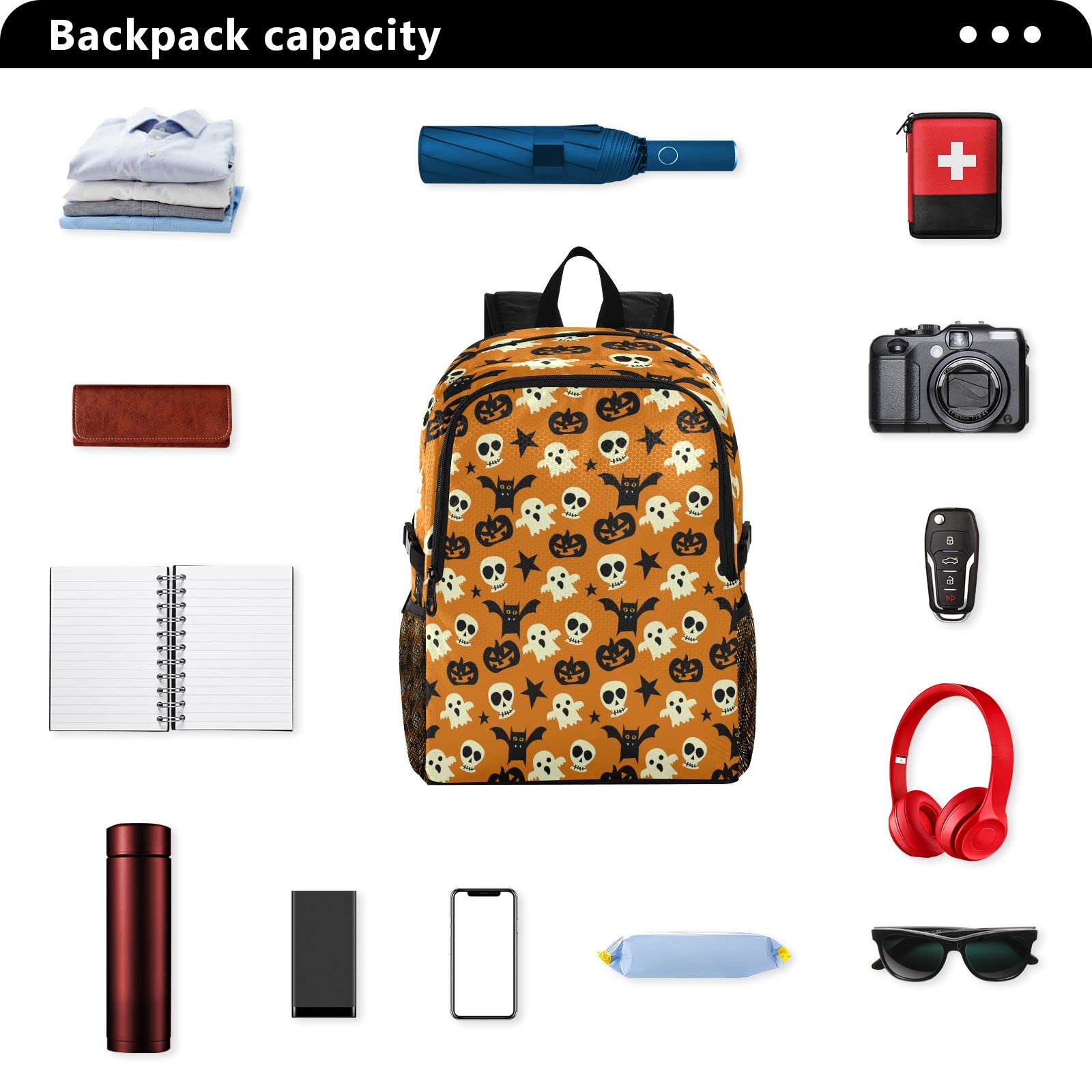 Spooky Skull Halloween Hiking Backpack - 20L Lightweight Waterproof Daypack for Camping, Outdoor Travel & Adventure | Perfect for Trick-or-Treating, Haunted Trails & Costume Parties