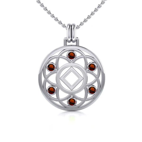 Flower of Life Sterling Silver Recovery Pendant with AA or NA Symbol & Genuine Gemstone - Spiritual Healing Jewelry for 12-Step Programs, Sobriety Gifts, and Meditation Accessories