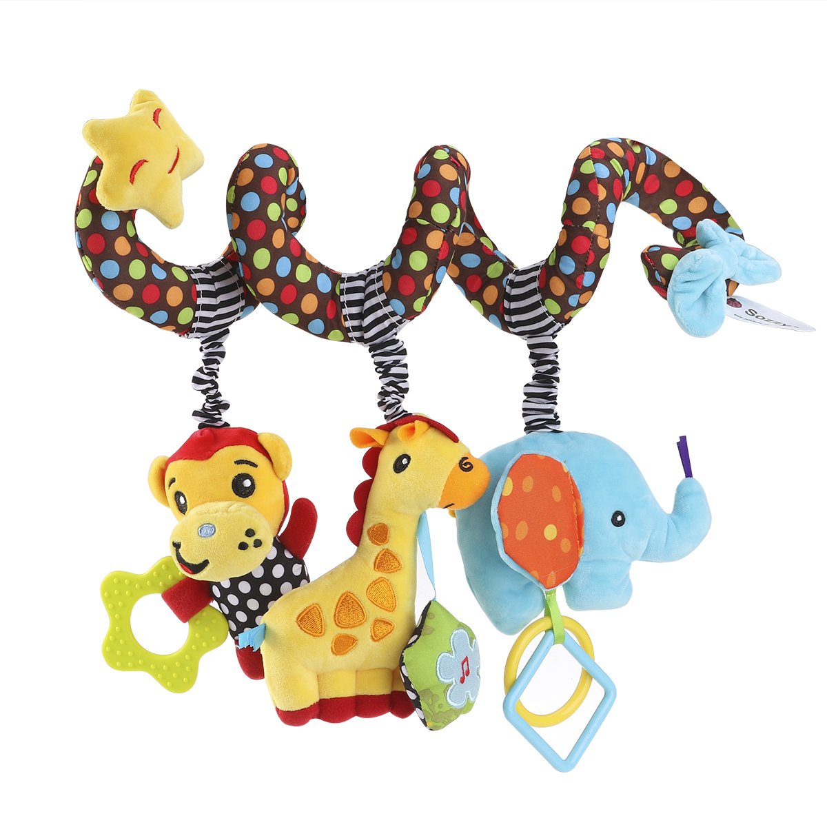 TOYMYTOY Spiral Stroller Toy for Babies - Soft Plush Monkey & Elephant with Rattles, Educational Sensory Toy for Infants 0-12 Months - Perfect for Crib, Stroller & Playtime