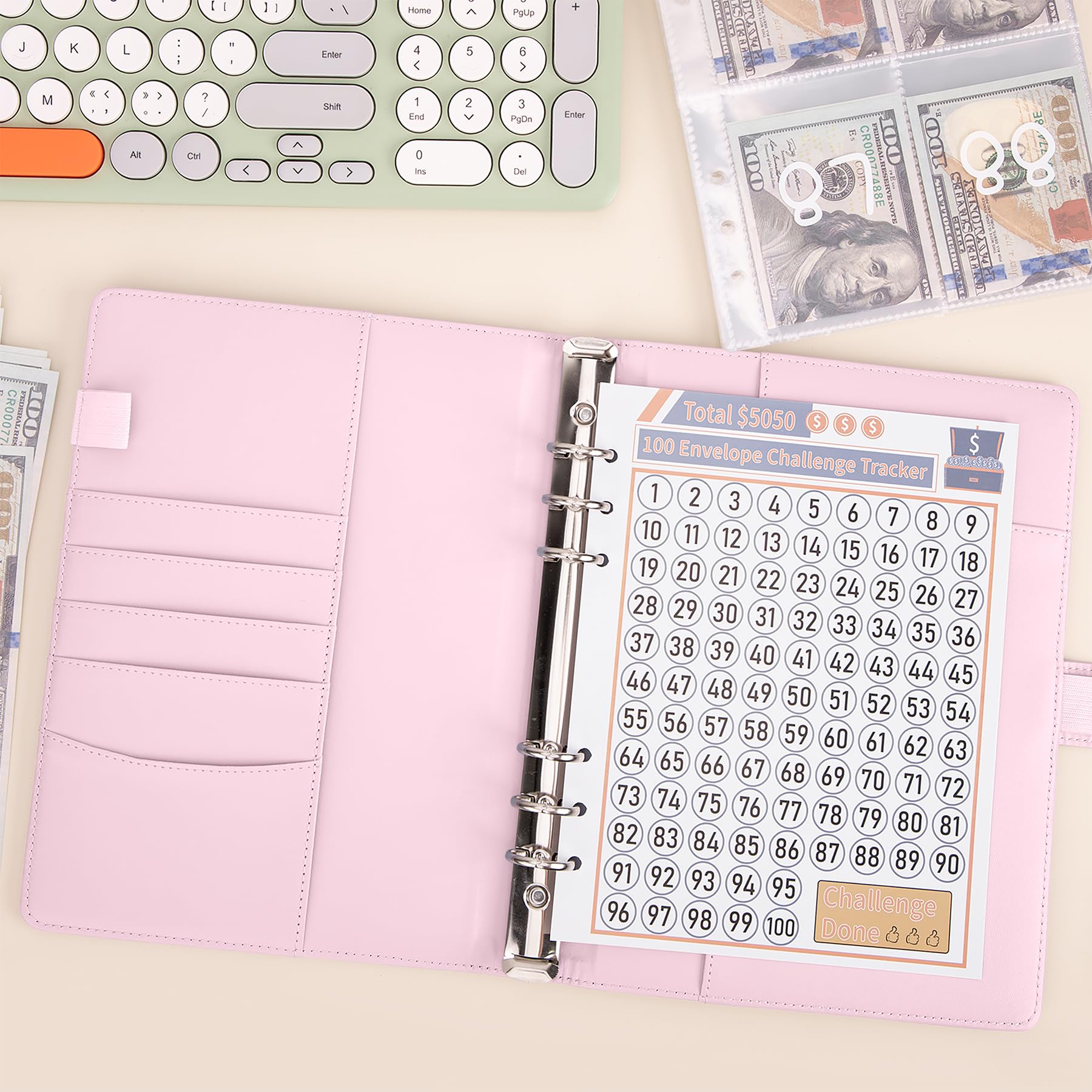 Ndsox 100 Envelopes Money Saving Challenge Binder - A5 Budget Organizer with Cash Envelopes & Savings Tracker - Save $5,050, $10,000 or $500 - Pink Budget Planner for Financial Goals - Perfect for Cash Budgeting, Envelope System & Personal Finance Management
