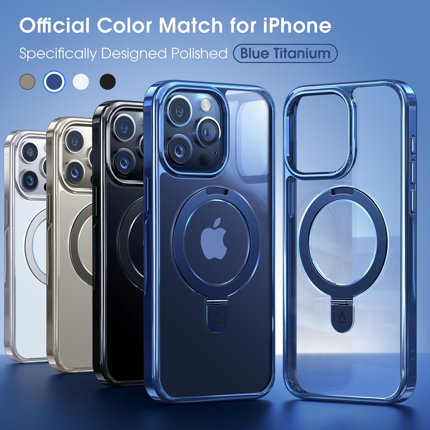 Alphex Titanium Stand for MagSafe iPhone 15 Pro Max Case - 6.7 Inch Shockproof Slim Cover with 16FT Military Drop Protection, Polished Titanium Finish (Blue) - Perfect for Work, Travel & Everyday Use for Men & Women