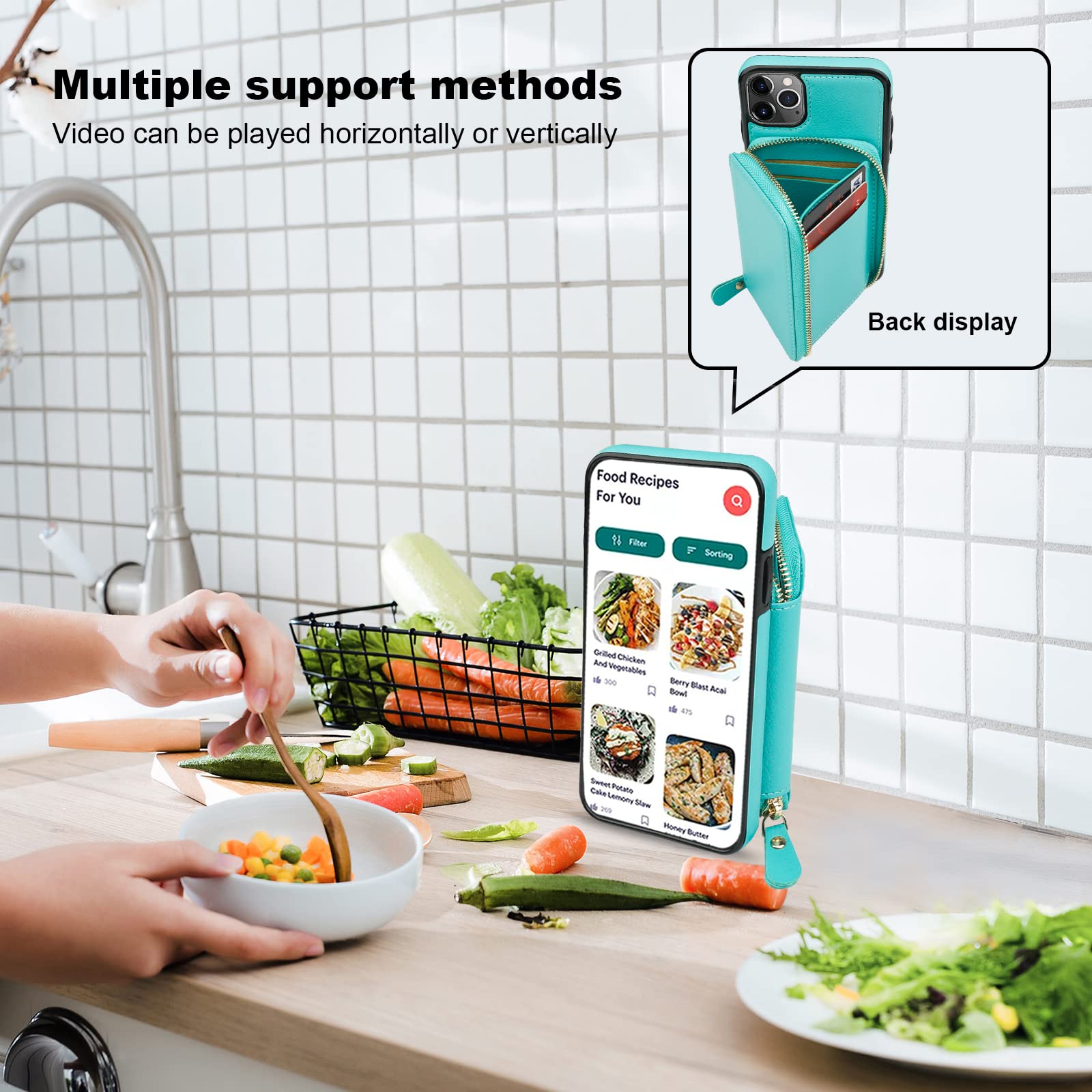 RFID Blocking Wallet Case for iPhone 11 Pro Max (6.5 Inch) - PU Leather Flip Folio with Adjustable Crossbody Strap, Detachable Wrist Strap & Kickstand - Mint Green - Perfect for Travel, Shopping & Everyday Use