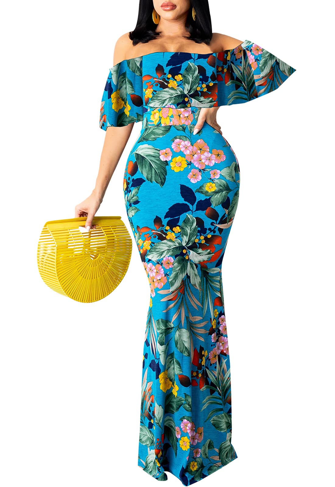 Sexy Women's Off Shoulder Maxi Dress - Hawaiian Floral Print Long Party Dress for Beach Vacation, Summer Wedding & Evening Events