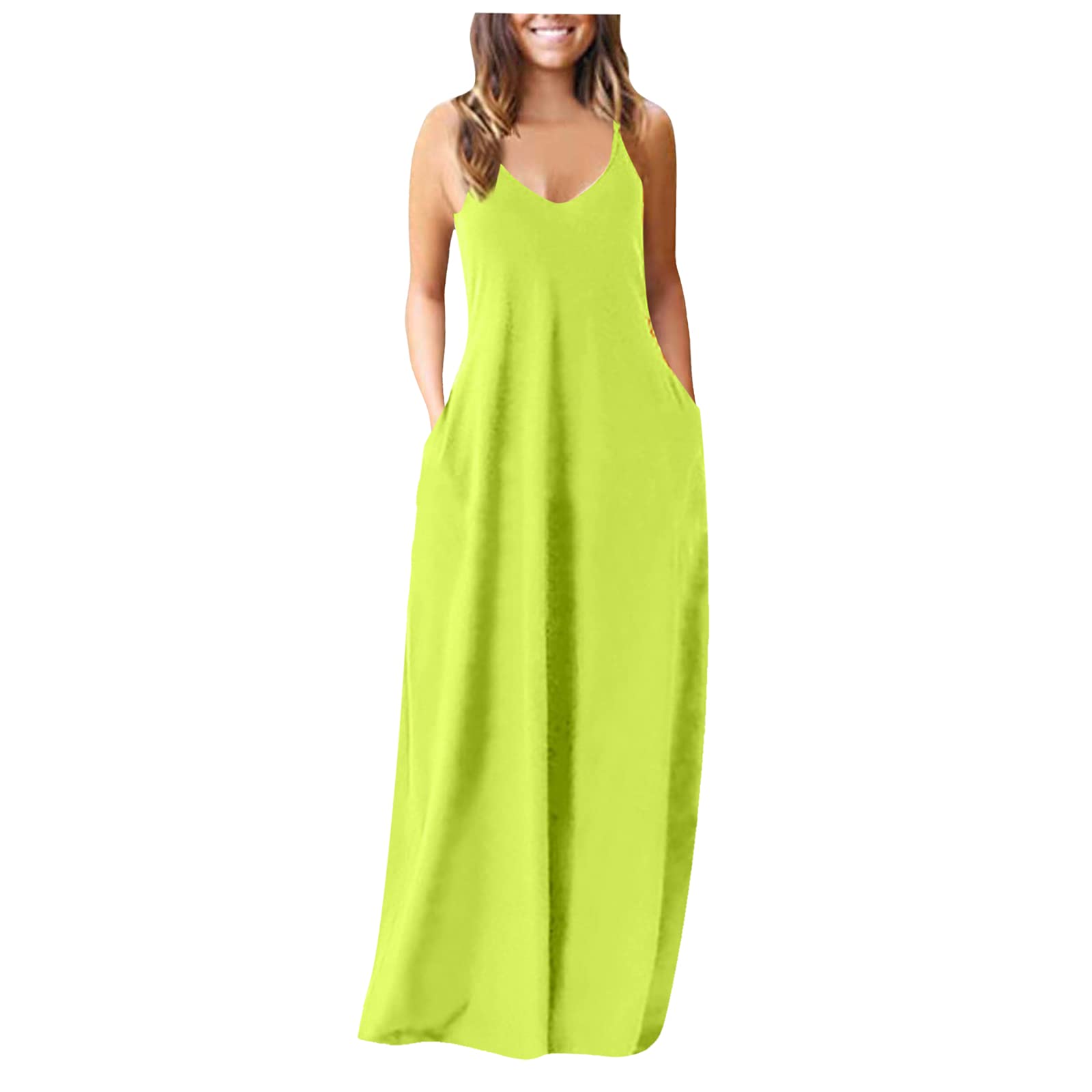 Handyulong Women's Summer Maxi Sundress - Casual Sleeveless V-Neck Boho Long Tank Dress with Pockets | Perfect for Beach Vacations, Outdoor Parties & Summer Travel
