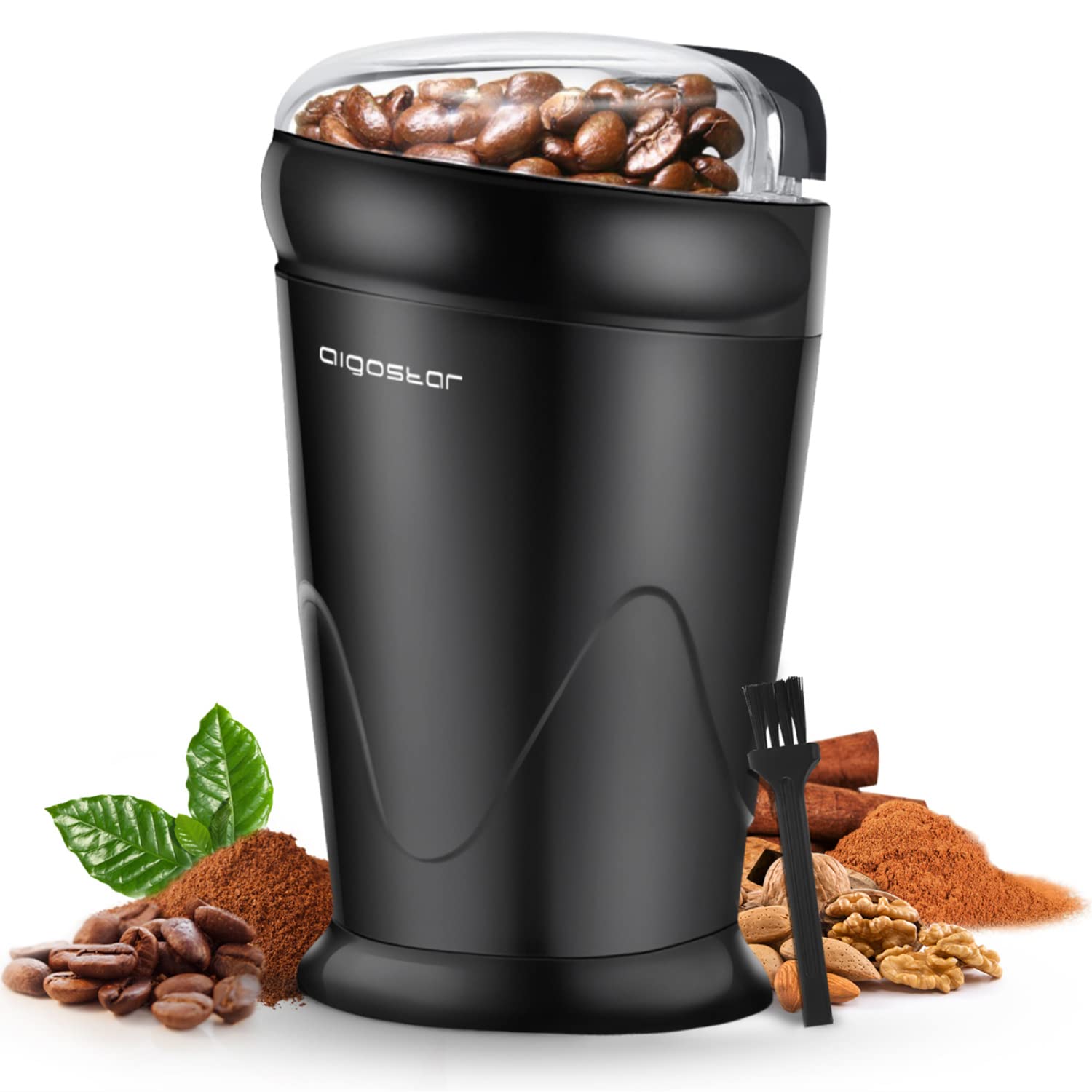 Aigostar 150W Electric Coffee Grinder with Stainless Steel Blades - 60g Capacity for Coffee Beans, Nuts, Spices & Seeds - Includes Cleaning Brush (2-Pack, Black) - Perfect for Home Kitchens & Coffee Shops