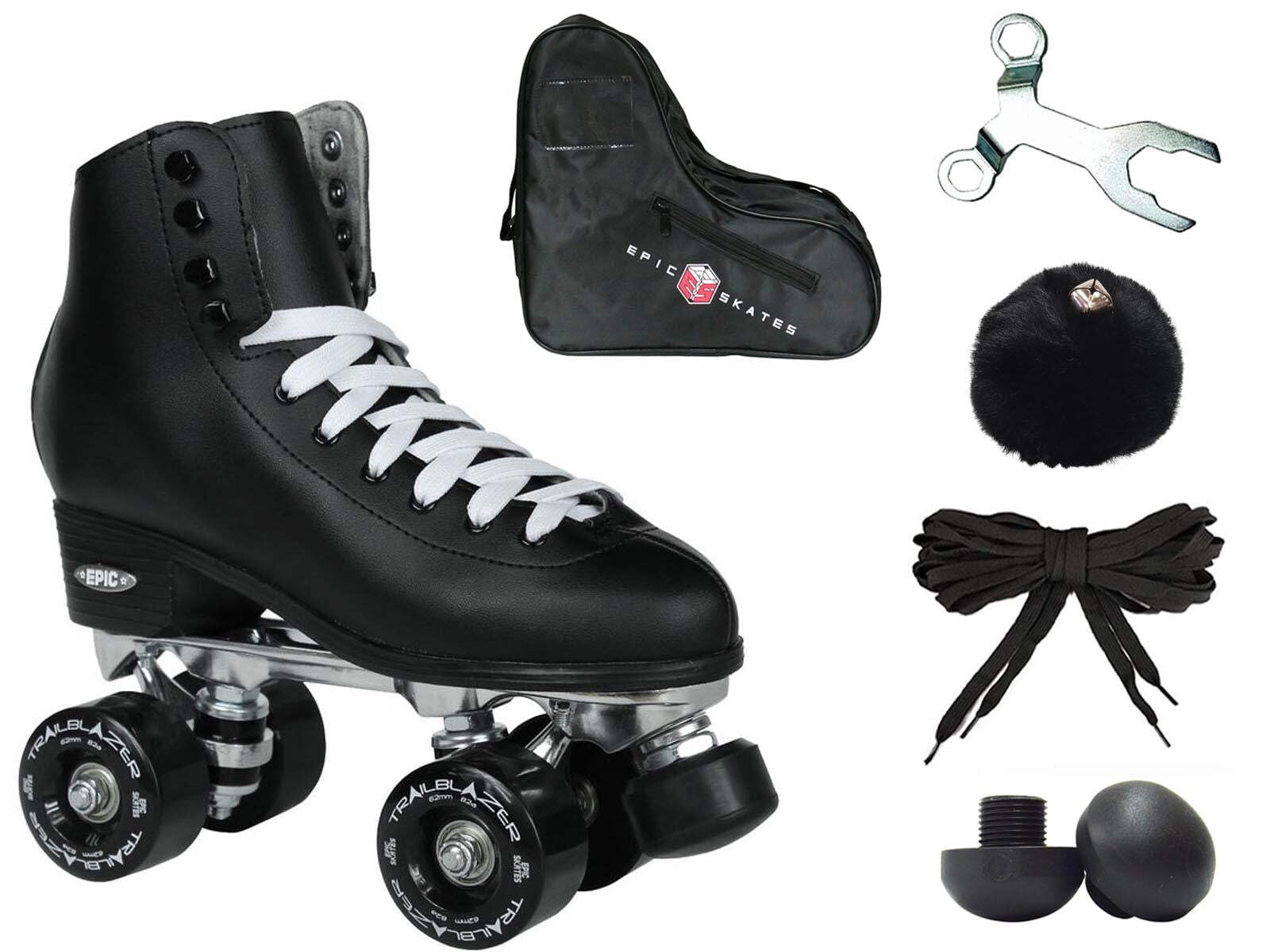 Epic Classic Solid Black High-Top Quad Roller Skates for Men - Size 10 with Storage Bag, Extra Laces & Pom Poms | Perfect for Roller Derby, Rink Skating & Retro Fashion Outfits