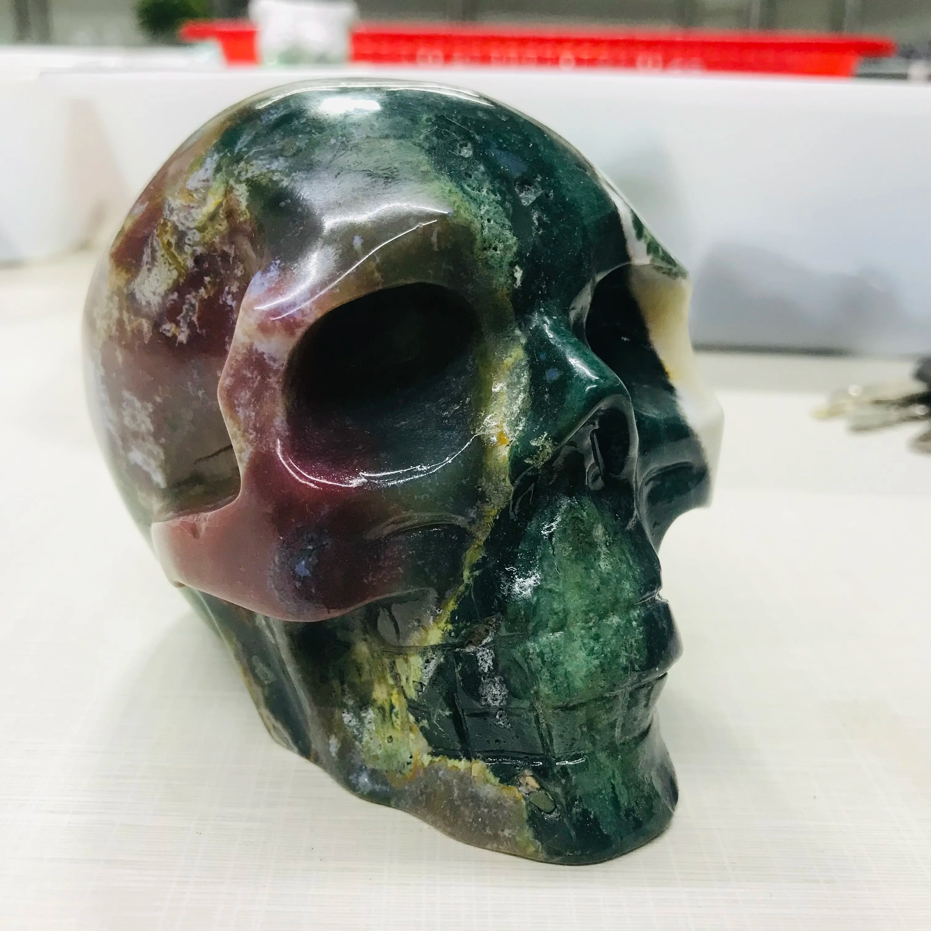 Natural Water Grass Agate Skull - Moss Agate Healing Crystal Stone for Meditation, Reiki & Energy Work - Natural Quartz Mineral Specimen for Spiritual Healing & Home Decor