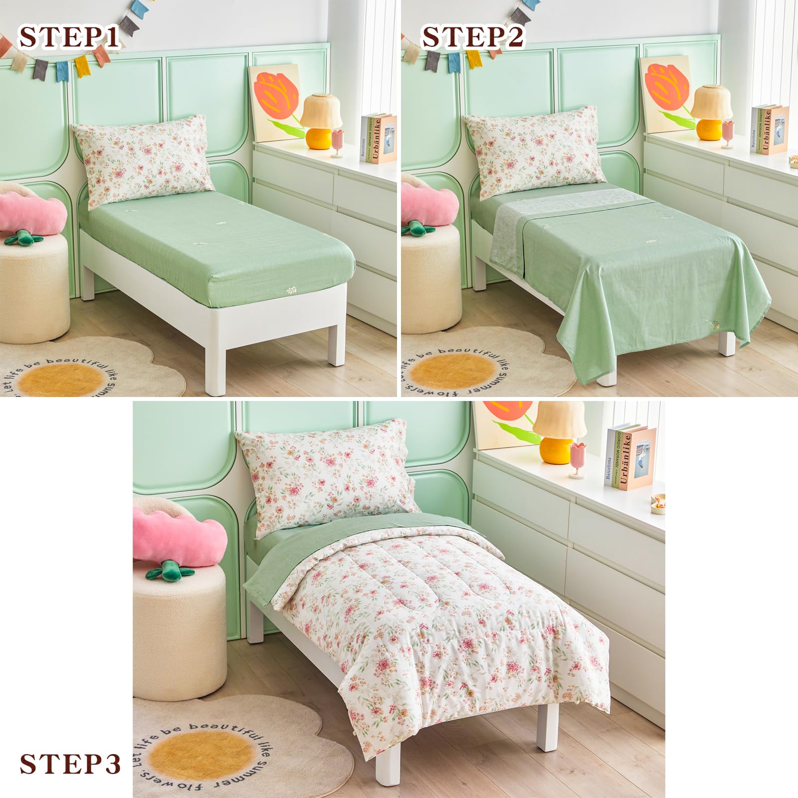 Joyreap 4-Piece Cotton Toddler Bedding Set for Girls - Pink Floral Design on White, Soft Breathable Nursery Comforter Set with Quilt, Fitted Sheet, Flat Sheet & Pillowcase | Perfect for Cribs, Toddler Beds & Nursery Decor