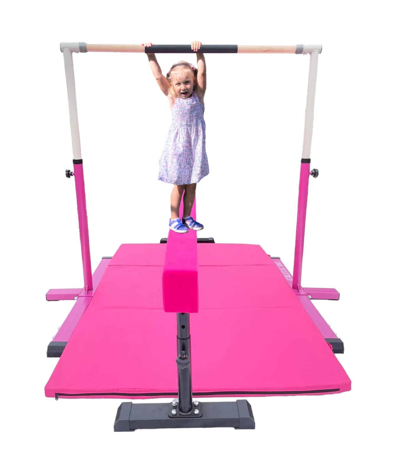 **Adjustable Kids Gymnastics Bar 3-in-1 Set with Balance Tube & 6'x4' Tumble Mat – Expandable Height 3-5 FT, Horizontal & Asymmetric Bar for Junior Gymnasts – Perfect for Home Training, Playrooms & Backyard Practice (Pink)**