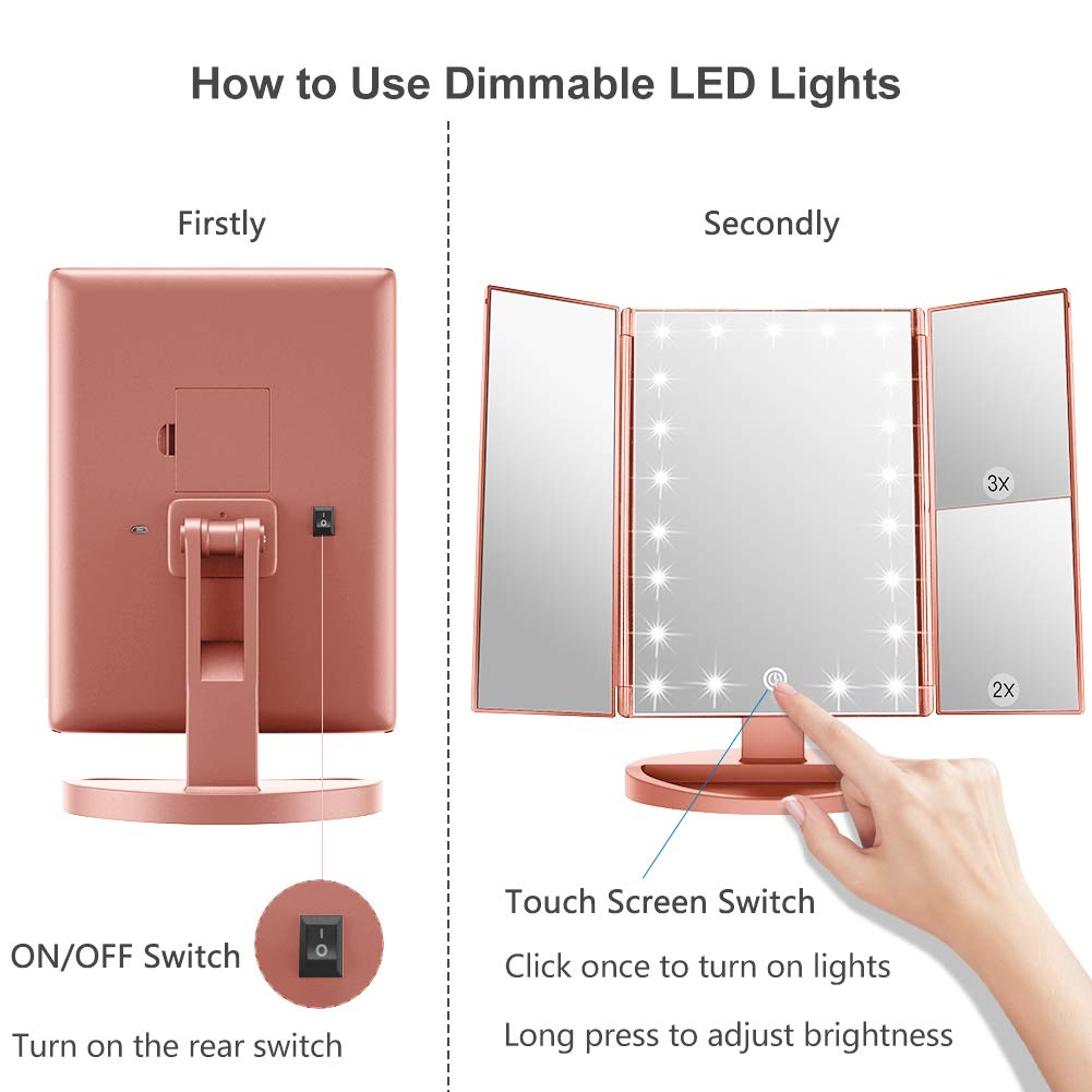 WEILY 21 LED Lighted Makeup Mirror with Touch Screen, 1x/2x/3x Magnification & Dual Power Supply - Tri-Fold Vanity Mirror for Makeup, Skincare, Shaving (Rose Gold) - Perfect for Bedroom, Bathroom & Dressing Table
