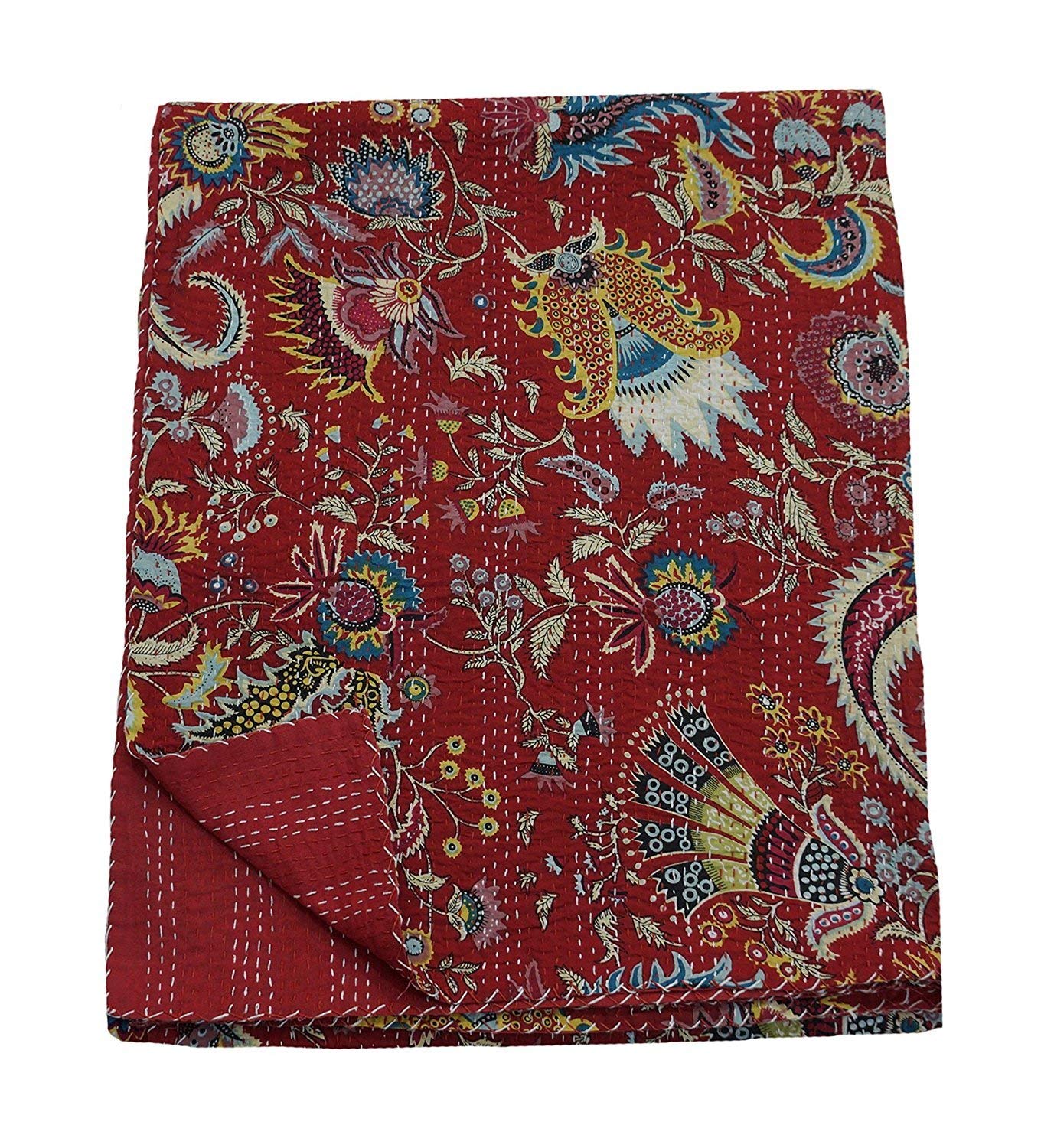 Handmade Traditional Mukut Screen Print Kantha Quilt - Pure Cotton Queen Size Blanket, Bedspread & Throw for Cozy Home Decor, Boho Bedroom Style & Gift Giving