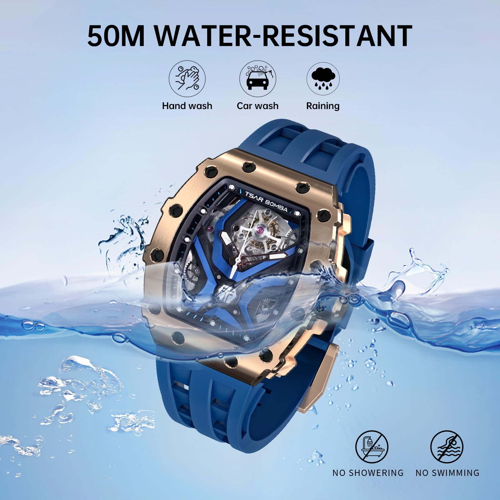 TSAR BOMBA Men's Automatic Watch - 50M Waterproof Luxury Skeleton Mechanical Watch with Silicone Band, Black Tonneau Design - Perfect for Business, Casual Wear & Christmas Gifts for Men