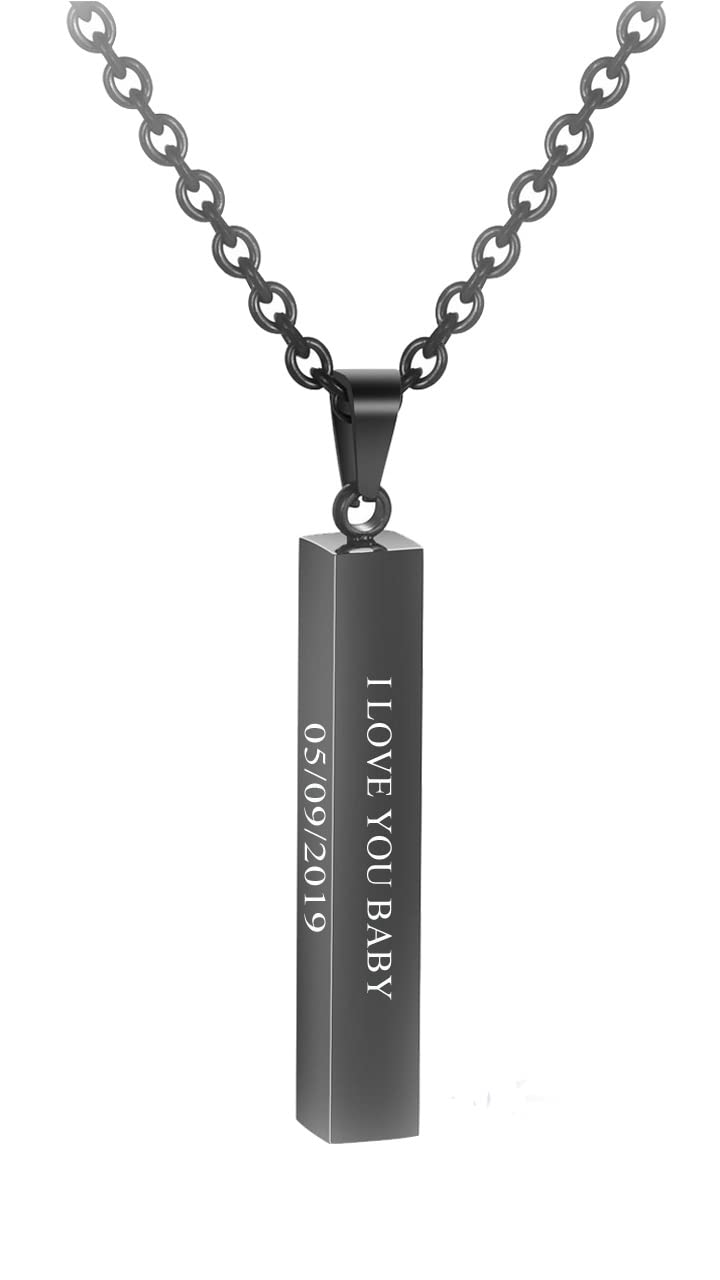 Custom Engraved Stainless Steel Couple Necklaces - Personalized 4-Side Name Bar Vertical Pendant Jewelry for Men & Women | Romantic Gift for Anniversaries, Valentine's Day & Couple Matching