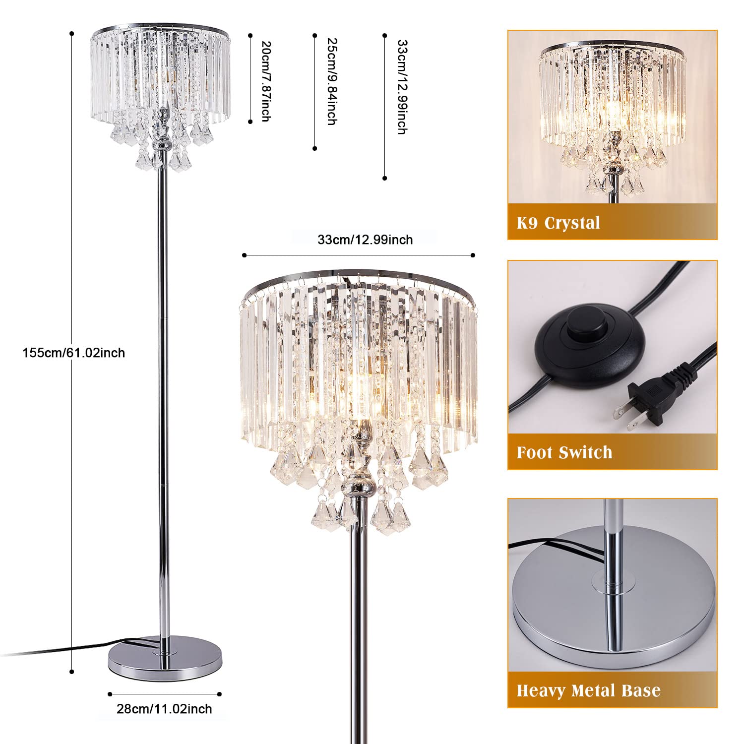 Modern Crystal Floor Lamp with On/Off Foot Switch - 3-Light Glass & Chrome Standing Lamp for Living Room, Bedroom, Office - Elegant Reading Corner Lighting for Home & Cafe Decor