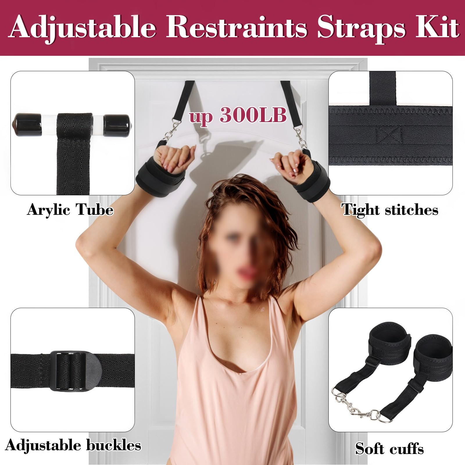 BDSM Bondage Restraints Hogtie Set - 4 Adjustable Bed Restraints & Door Hanging Swing Straps Kit with Handcuffs, Blindfold & Tickler for Couples | Adult Sex Toys for Bedroom Bondage Games & Spicing Up Intimacy
