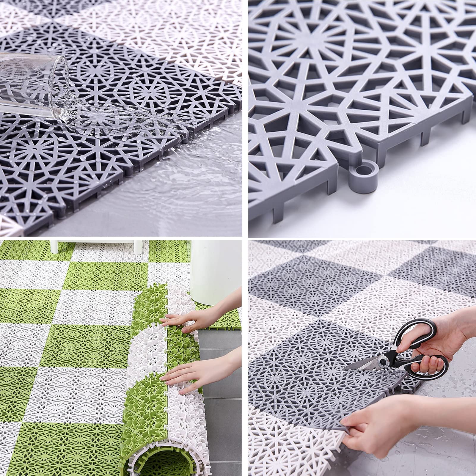 Non-Slip PVC Interlocking Floor Tiles - 12 Pack 30x30cm Bathroom Mats with Drain Holes | Waterproof & Easy to Install | Blue & White Color | Perfect for Showers, Gyms & Home Use