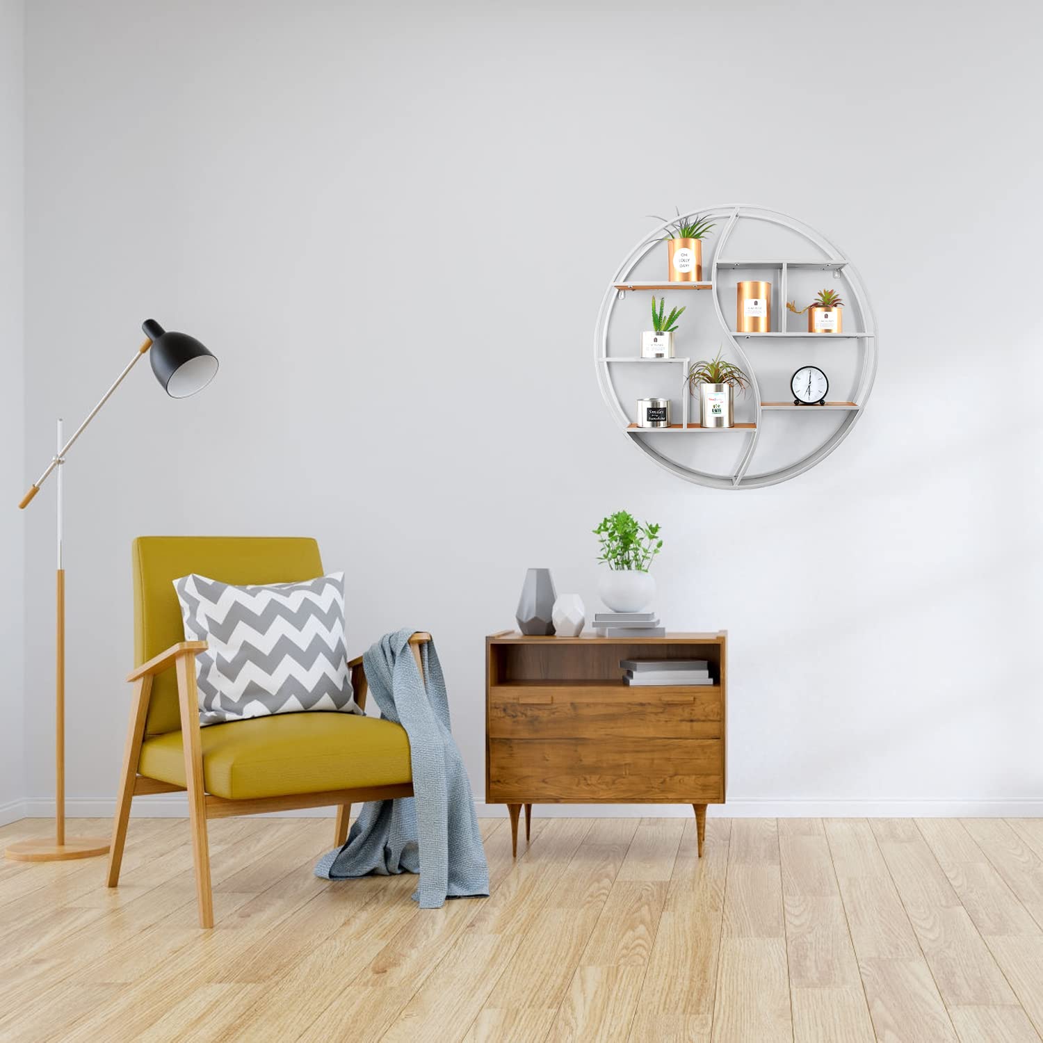 24 Inch Round Wall Shelf - Metal & Wood Circular Floating Shelves for Wall Decor | Silver Wall Mounted Display Organizer for Living Room, Bathroom, Fireplace & Bedroom | Modern Home Storage Solution for Books, Plants & Decor