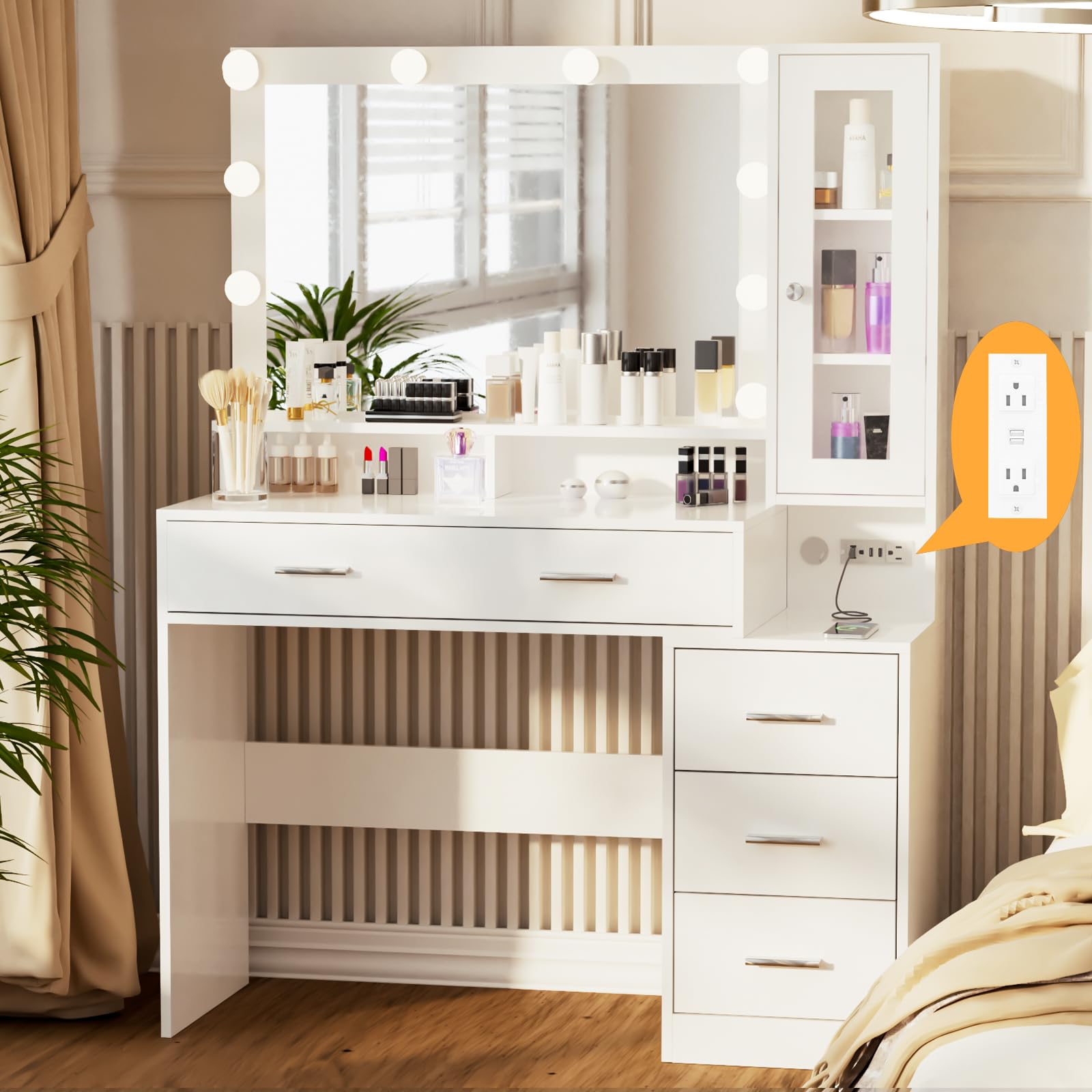 Likein Makeup Vanity with Mirror & Lights - Dressing Table with Charging Station & Drawers for Bedroom Beauty Routine
