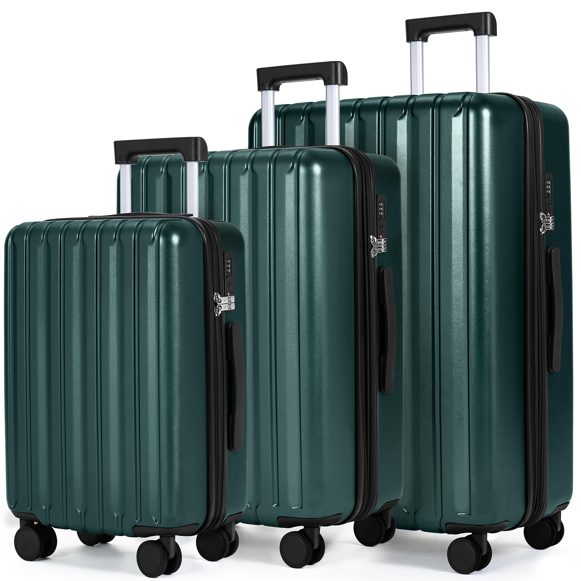 SHOWKOO 3-Piece Hardside Luggage Set - 100% Polycarbonate, Ultra Durable & Expandable Suitcases with TSA Lock, 360° Spinner Wheels (20in, 24in, 28in) - Dark Green | Perfect for International Travel, Family Vacations & Business Trips