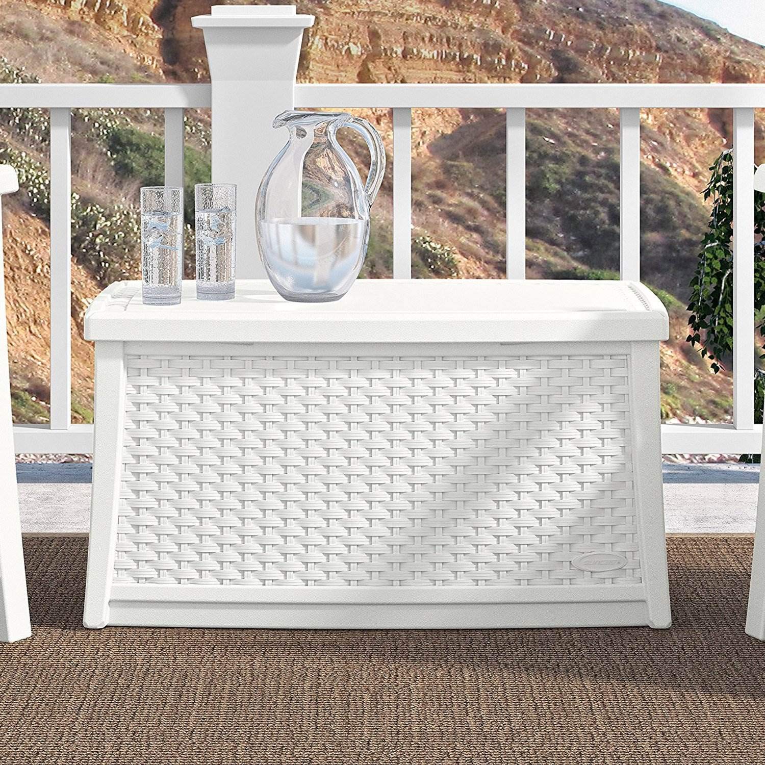 Suncast Elements 30-Gallon Resin End Table with Storage - Lightweight Outdoor Patio Coffee Table for Cushions, Gardening Tools & Toys - Perfect for Backyard, Deck & Poolside Storage - White