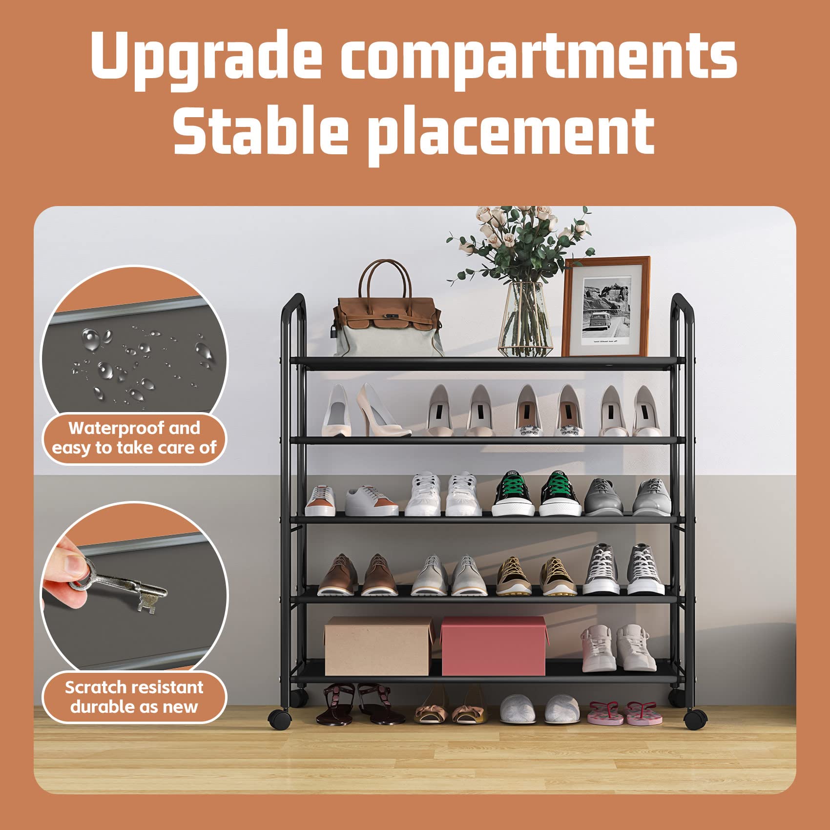 5-Tier Black Metal Shoe Rack Organizer with Wheels - Sturdy Rolling Shoe Storage Shelf for Entryway, Closet, Garage & Floor - 31-Inch Wide Fabric Shelves for Sneakers, Boots & Sandals - Space-Saving Home Organization Solution