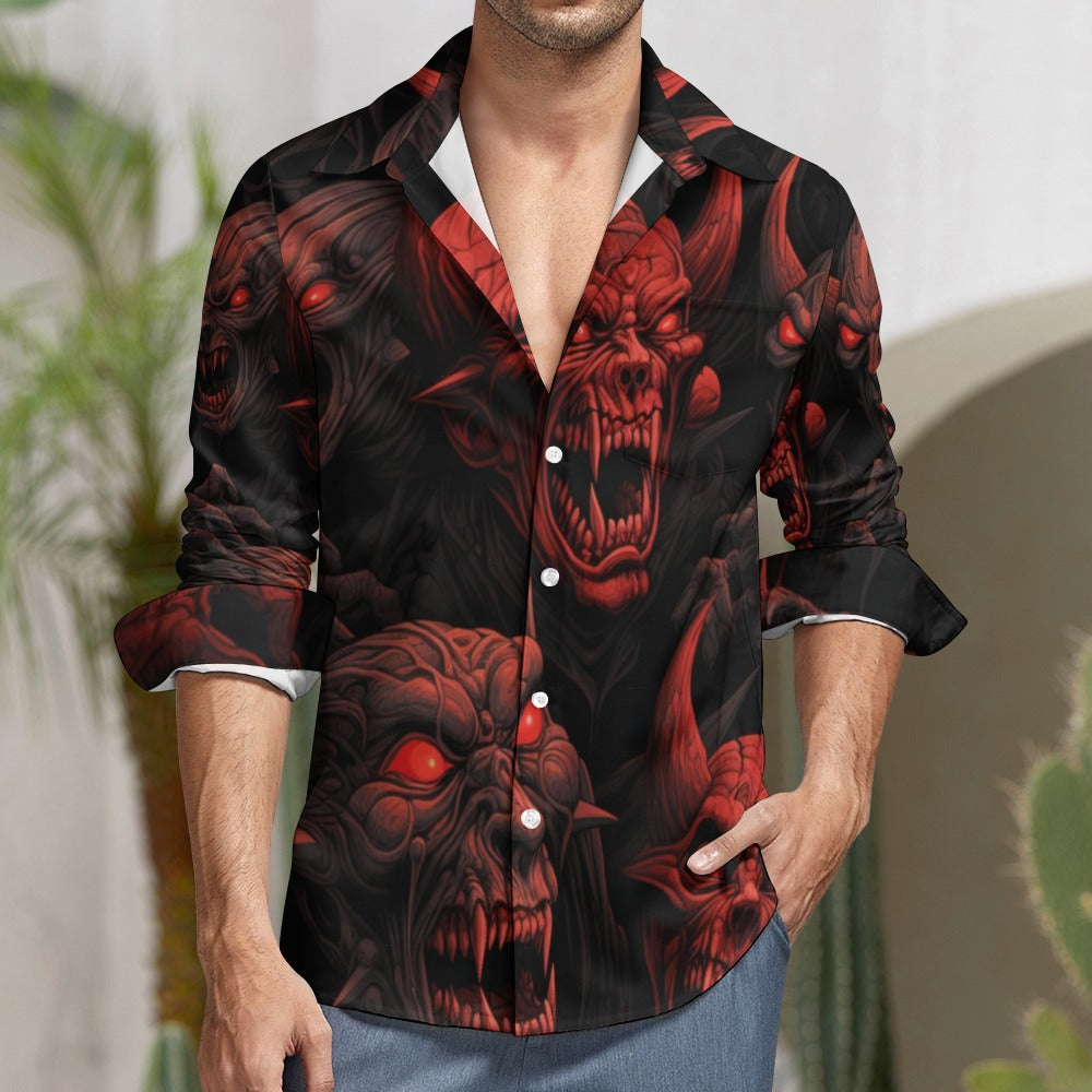 Demon Heads Graphic Print Casual Long Sleeve T-Shirt with Chest Pocket | Trendy Streetwear for Men | Perfect for Daily Wear, Concerts & Halloween Costumes