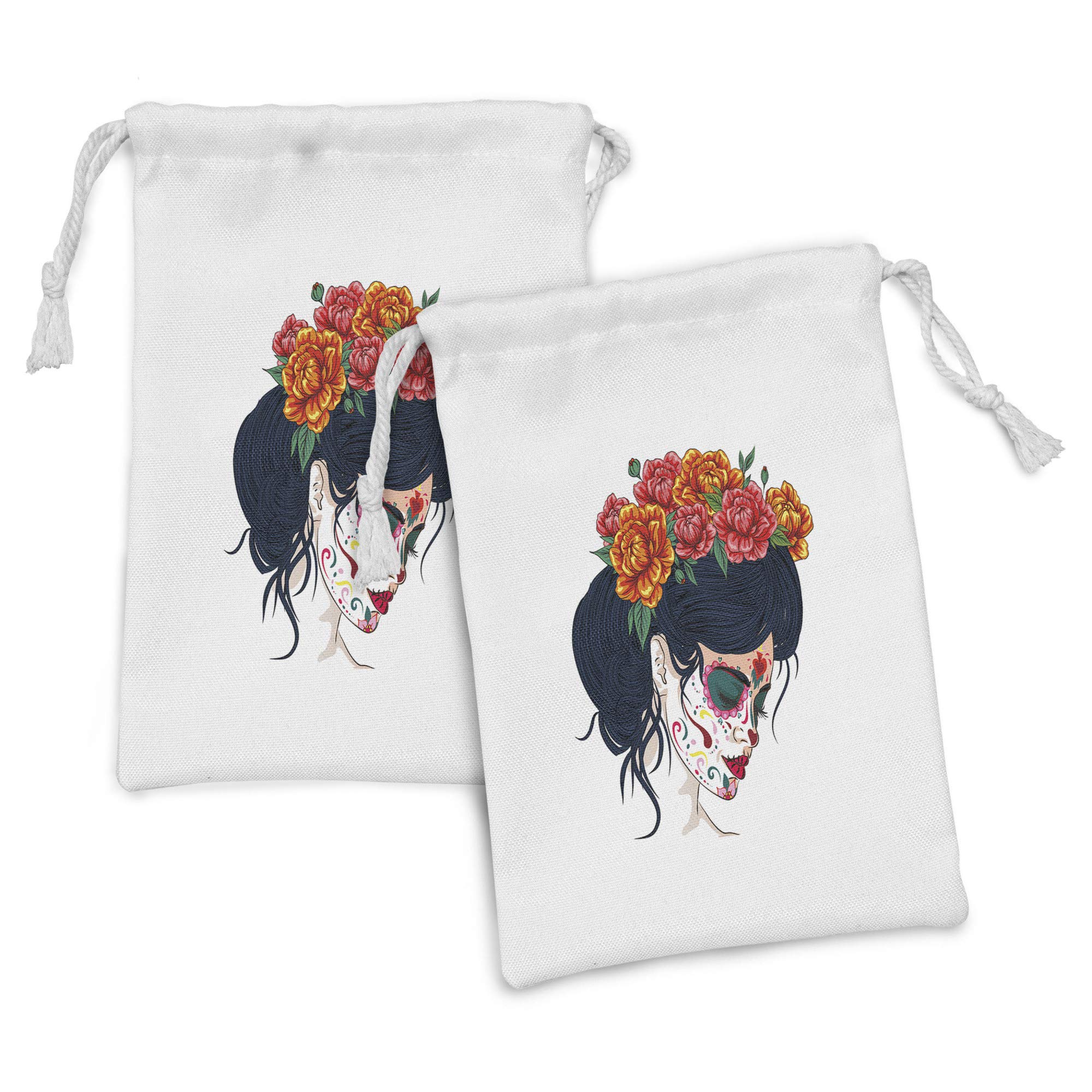Ambesonne Day of the Dead Fabric Pouch Set of 2 - Sugar Skull Makeup & Floral Wreath Cartoon Drawstring Bags (9