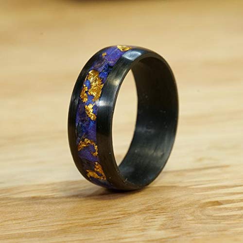 Men's Carbon Fiber Ring with Amethyst & Lapis Lazuli - Gold Leaf Inlay Black Wedding Band - Custom Laser Engraved - Perfect for Anniversary, Engagement & Unique Gifts