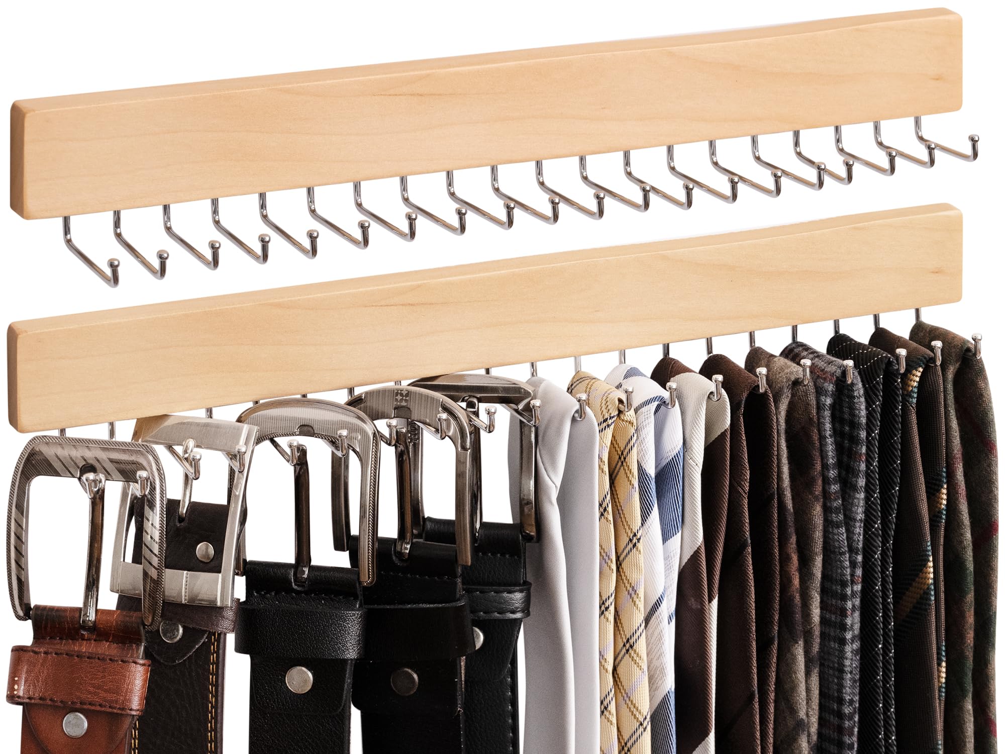StorageWorks 2-Pack Wooden Tie Rack with 20 Hooks - Wall Mounted Organizer for Neckties, Belts, Hats & Accessories - Natural Wood Finish - Perfect for Closet Organization & Home Decor