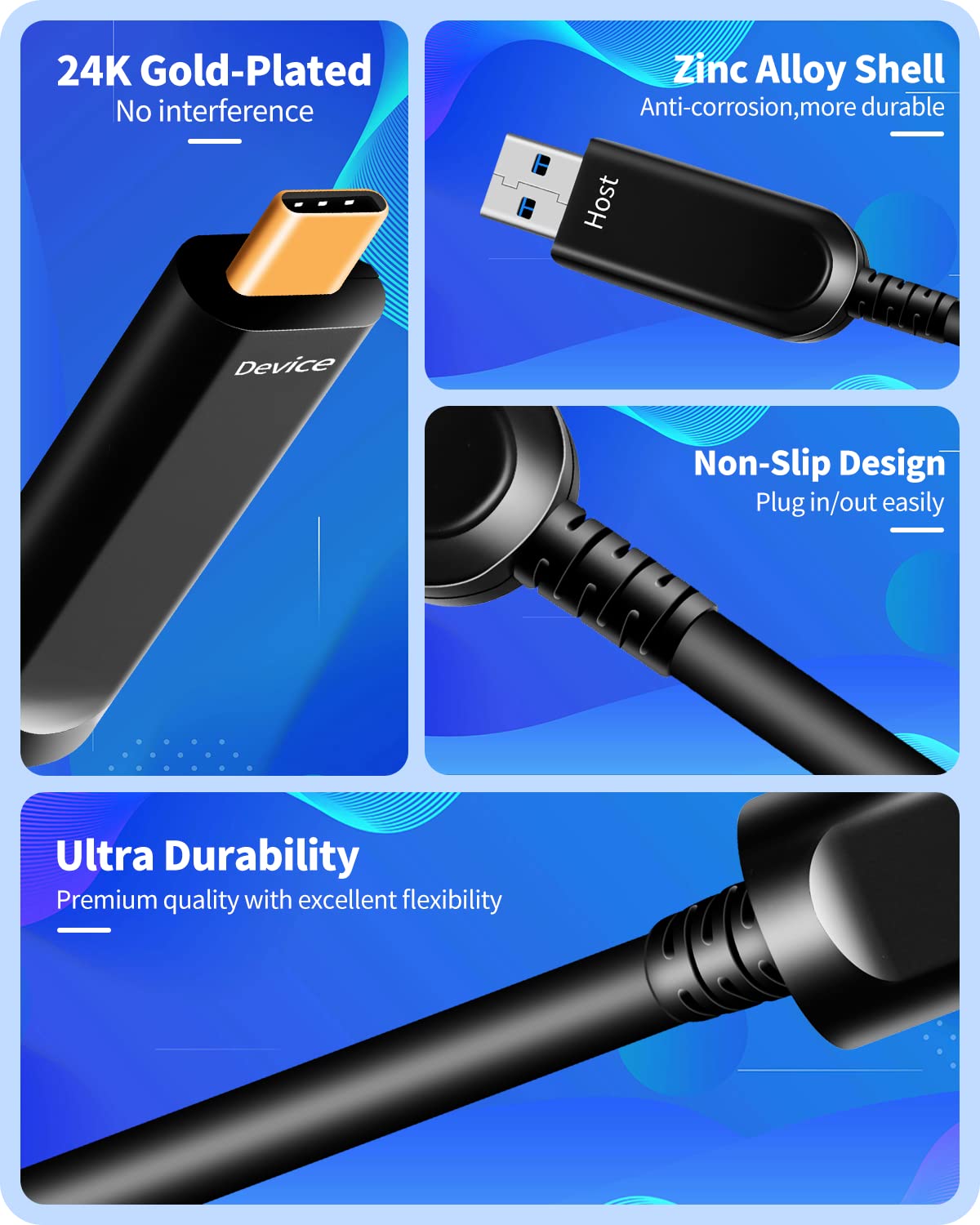 High-Speed 33ft USB A to USB C Cable 10Gbps USB 3.2 Gen 2 - Fiber Optic Charging & Data Sync for Webcam, Camera, VR Headset, Projector - Perfect for Home Office, Gaming & Entertainment Setup