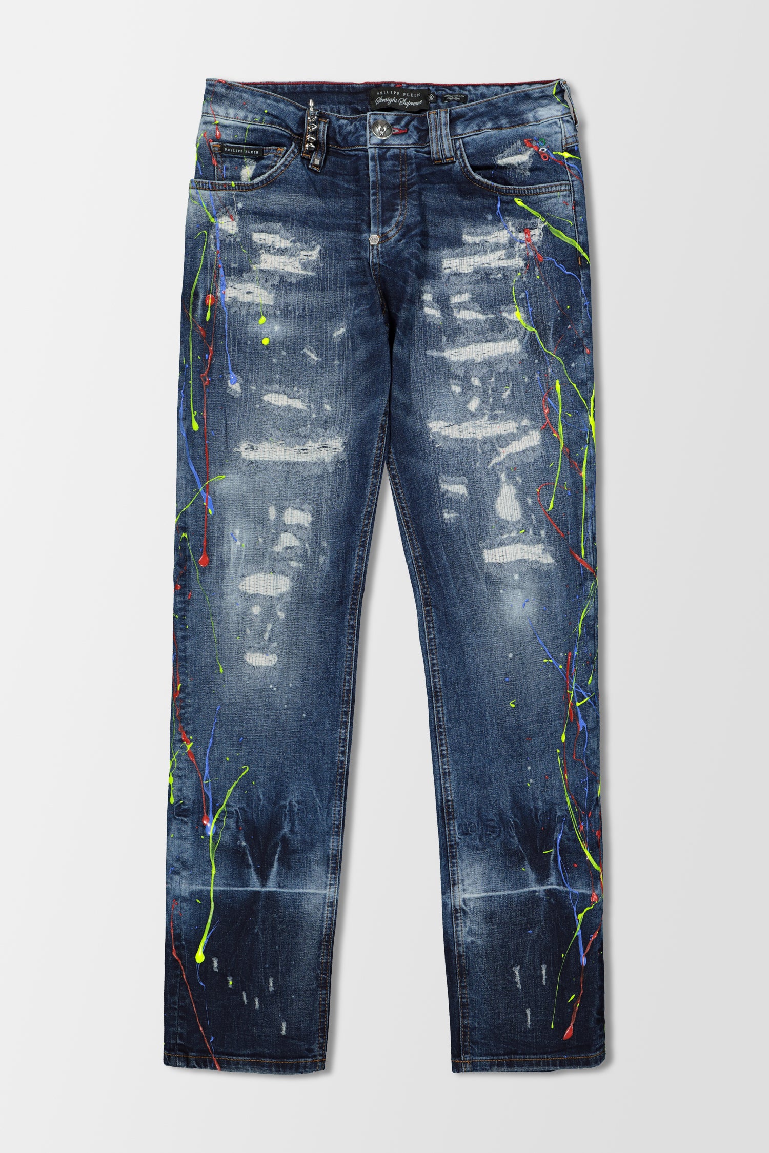 Philipp Plein Miss You Straight Supreme Painted Jeans - Women's High Waist Distressed Denim Pants for Casual Wear & Night Out